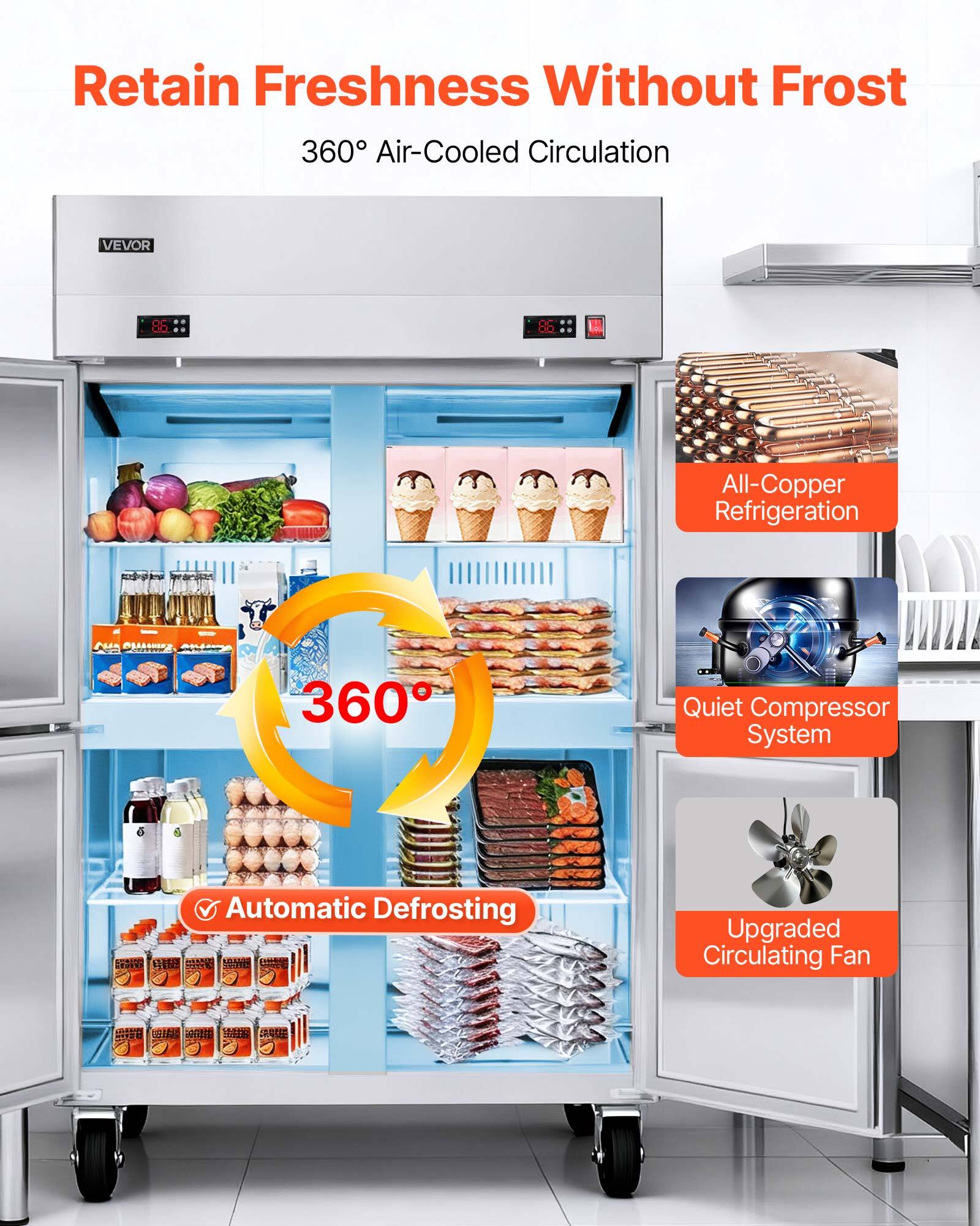 Retain Freshness Without Frost  
360° Air-Cooled Circulation  
VEVOR  
85 86  
All-Copper Refrigeration  
Quiet Compressor System  
Automatic Defrosting  
Upgraded Circulating Fan