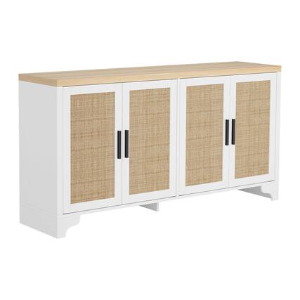 Front. Acekool - 62.2 Inch Rattan Buffet Sideboard Cabinet, 4-Door Storage Cabinet with Shelves - White.