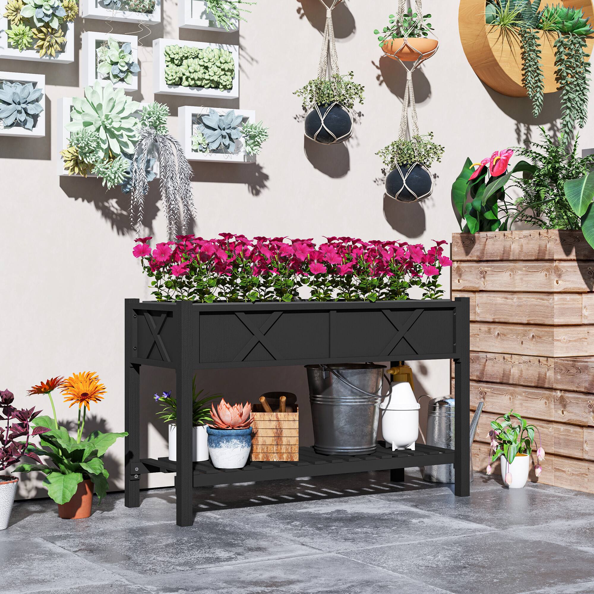 Alt View 1. Outsunny - Garden Bed, 47 x 22 x 31.5 in. Elevated Wood Planter Box with Storage Shelf, Drainage Holes - Black.