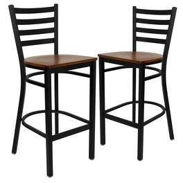 Emma + Oliver - 2 Pack Ladder Back Metal Restaurant Barstool - Cherry Wood Seat/Black Metal Frame