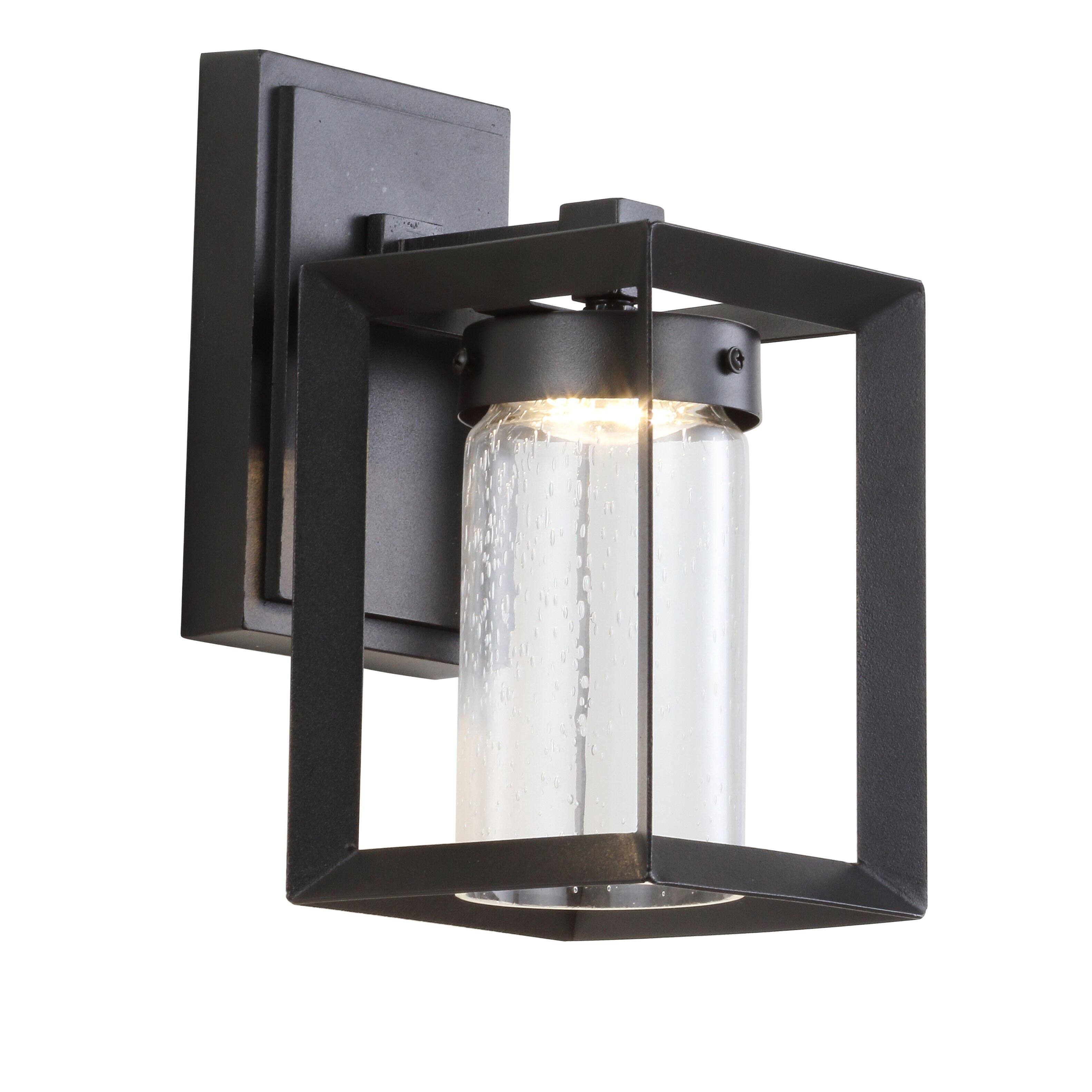 Alt View 4. Jonathan Y - Nate 6.75" Outdoor Modern Cube Seeded Glass/Metal Integrated LED Wall Sconce, Black - Black/Clear.