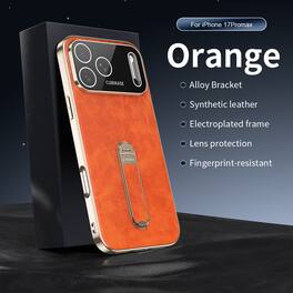 Dteck - Faux Leather Texture for Apple iPhone 17 Pro with Alloy Kickstand, Fingerprint Resistant Shockproof Protective Cover - Orange