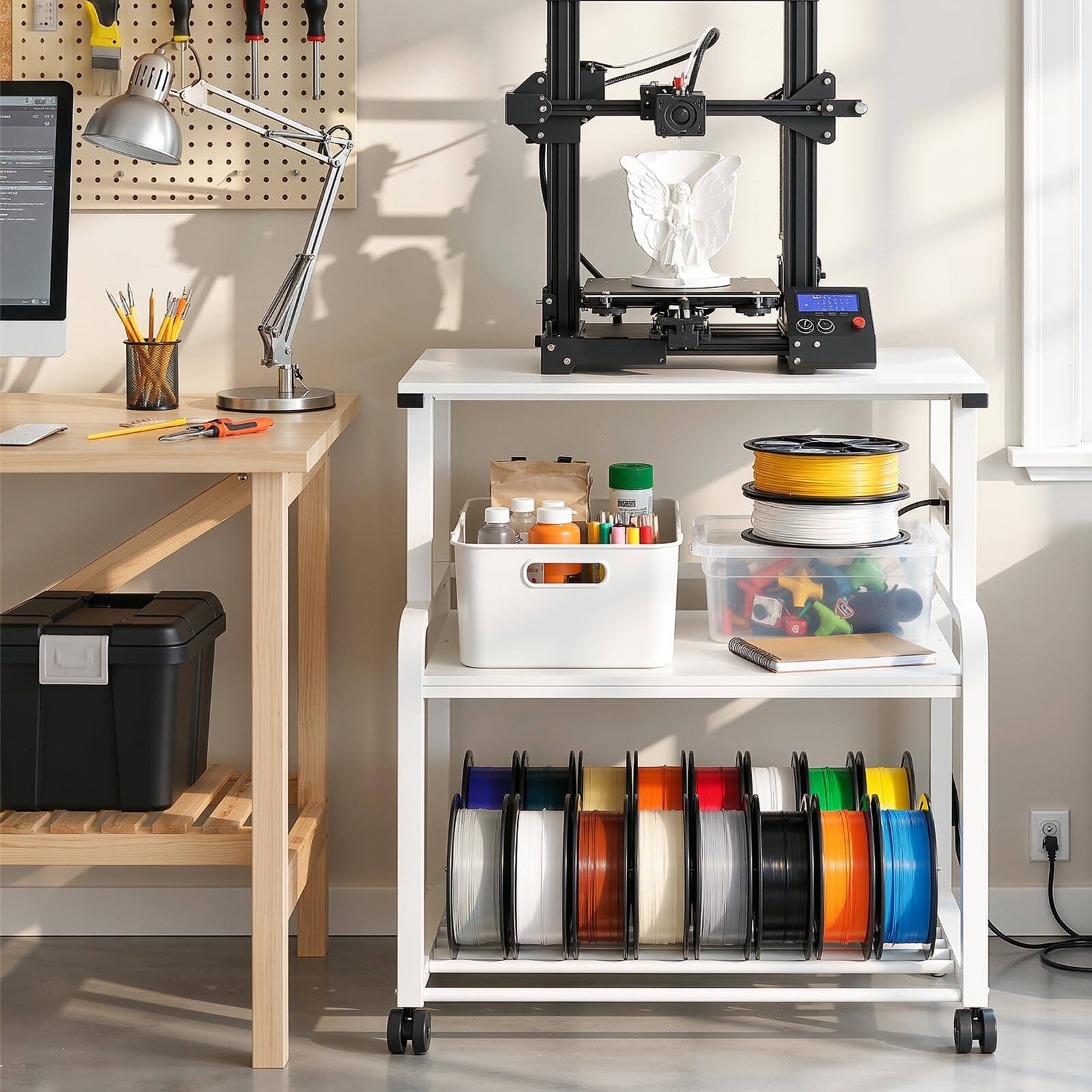 Left. Aheaplus - Heavy Duty Rolling 3D Printer Stand with Power Outlet & Filament Storage - 3-Tier Lockable Cart for Home Office - White.