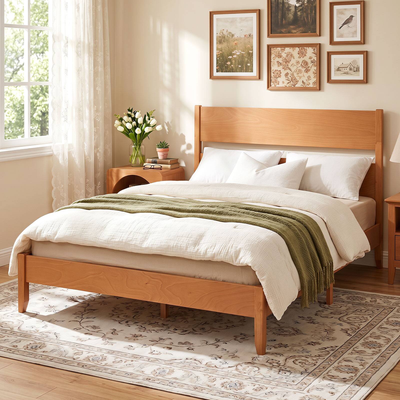 Alt View 3. Costway - Costway Queen Bed Frame with Headboard, Solid Wood Legs, 12 Slats, No Box Spring Needed - Warm Brown.