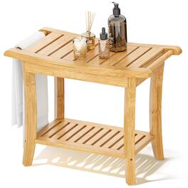 Sugift - Bamboo Shower Bench with Storage Shelf – Waterproof Bathtub Side Table for Bathroom & Living Room - Natural
