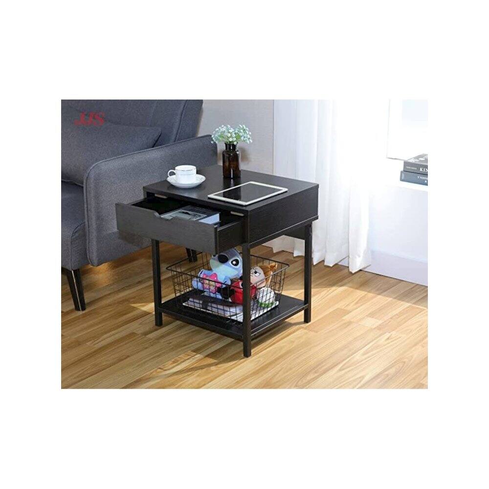 Angle. JJS - Bedside Table With Drawer And Storage Shelves - Black.