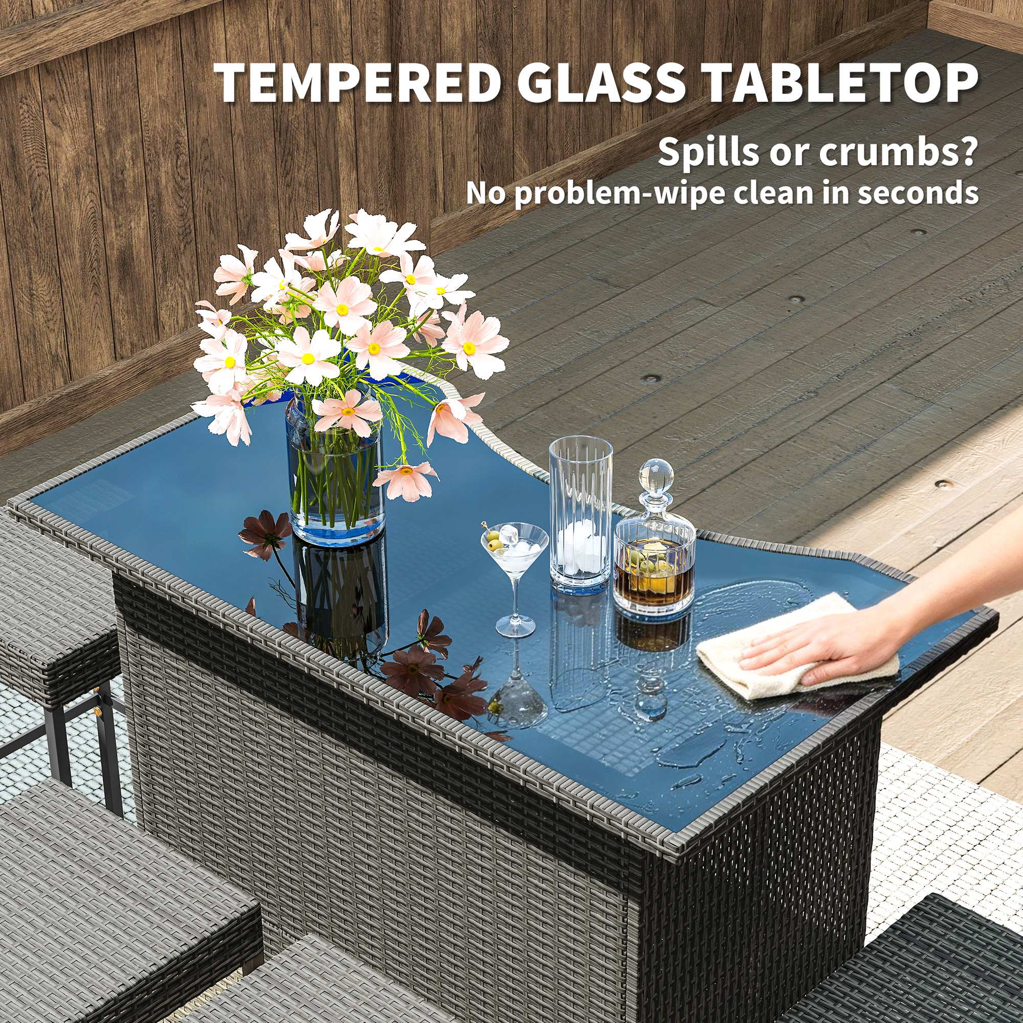 TEMPERED GLASS TABLETOP  
Spills or crumbs? No problem—wipe clean in seconds