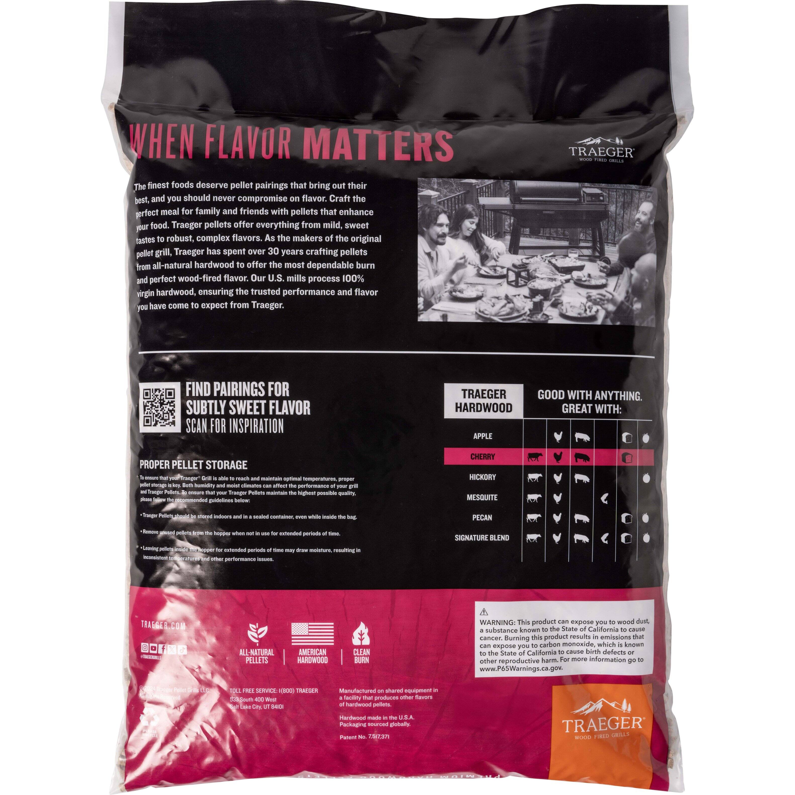 When Flavor Matters: The finest foods deserve pellet pairings that bring their best, and you should never compromise flavor. Craft the perfect meal for family and friends with pellets that enhance your food. Traeger pellets offer everything from mild, sweet flavors to robust, complex flavors. The makers of the original pellet grill, Traeger, have spent over 30 years crafting pellets from all-natural hardwood, ensuring the trusted performance and flavor you have come to expect from Traeger. Our U.S. mills process 100% all-natural hardwood, ensuring the most dependable burn and perfect wood-fired flavor. Traeger finds pairings for subtly sweet flavor. Scan for inspiration. Traeger hardwood apple is good with anything. Great with: Proper pellet storage.