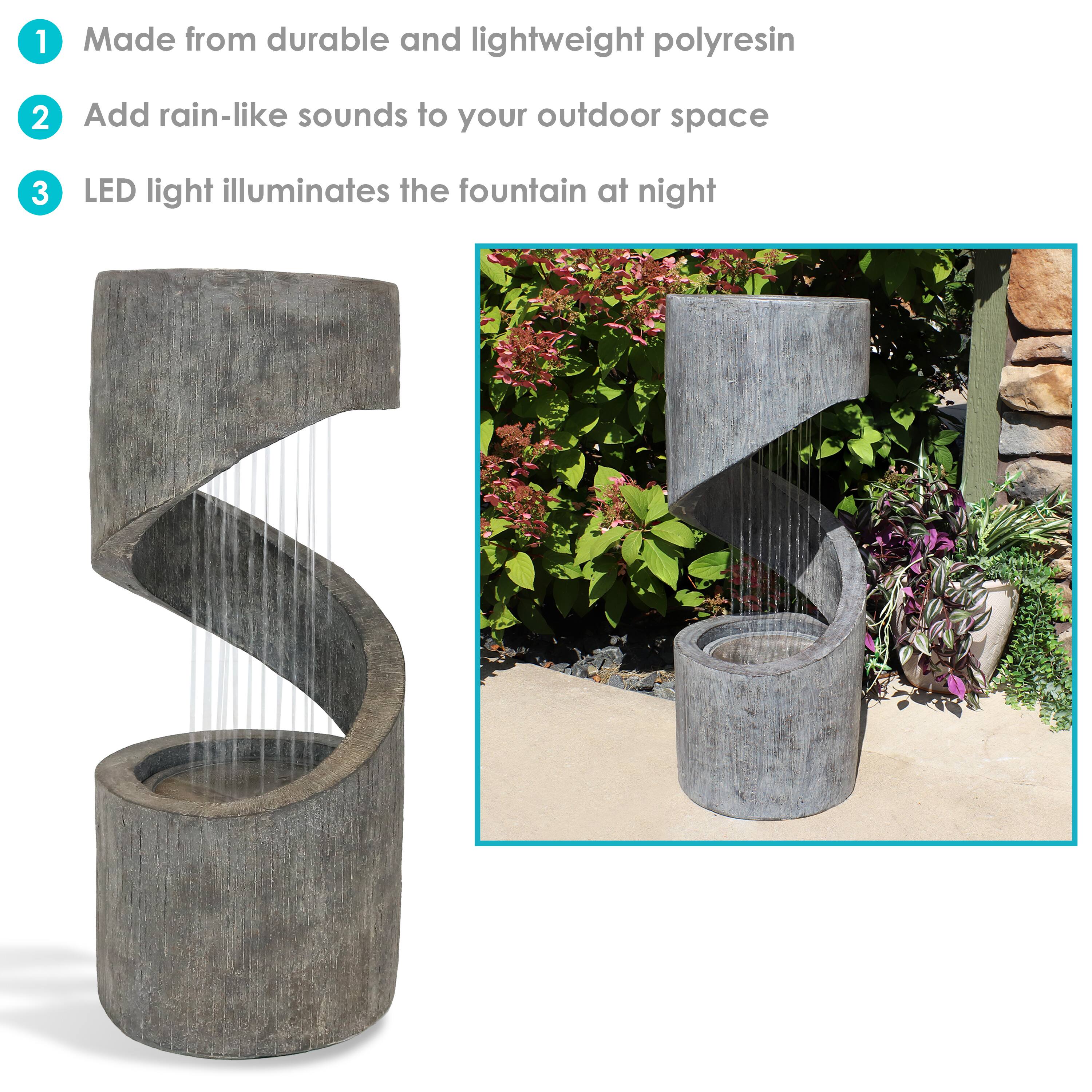 1. Made from durable and lightweight polyresin  
2. Add rain-like sounds to your outdoor space  
3. LED light illuminates the fountain at night