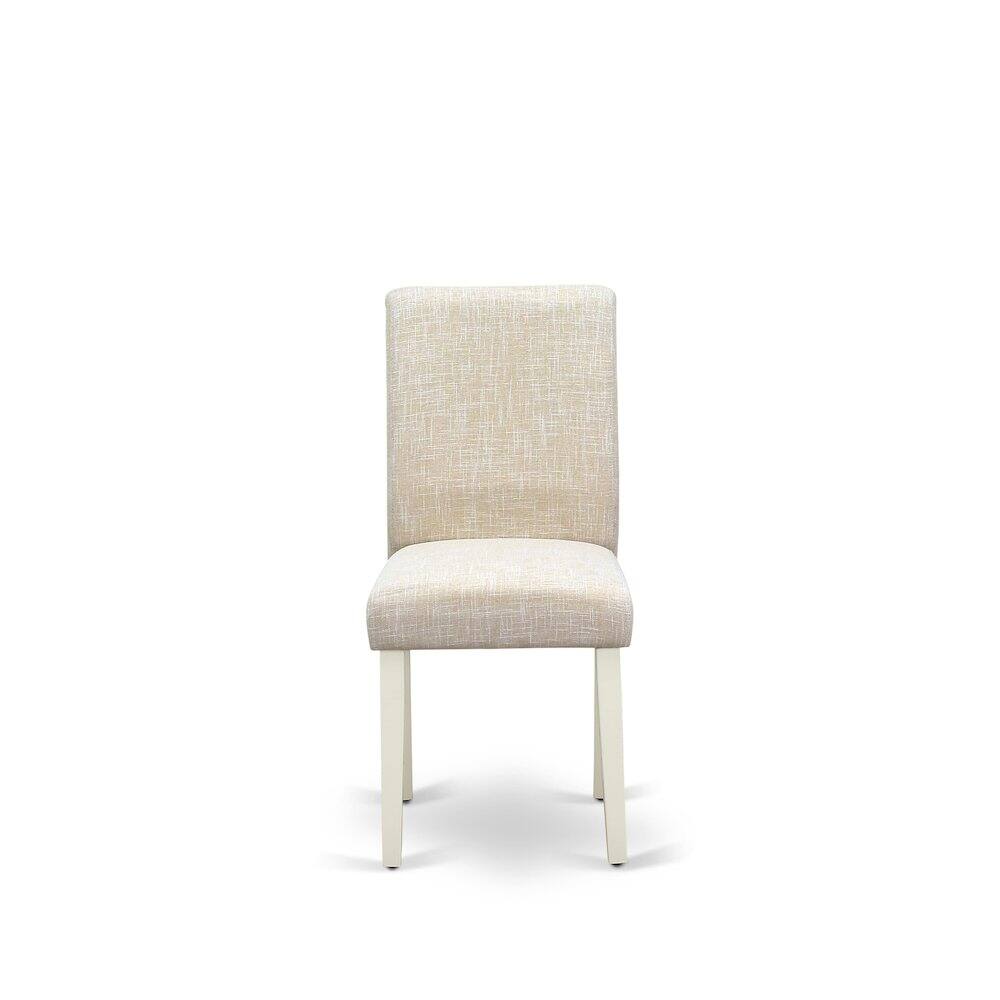 Left. East West Furniture - 1MZAB3-LWH-02 3Pc Dining Room Table Set Consists of a Wood Dining Table and 2 Upholstered Dining Chairs with Light - Linen White.