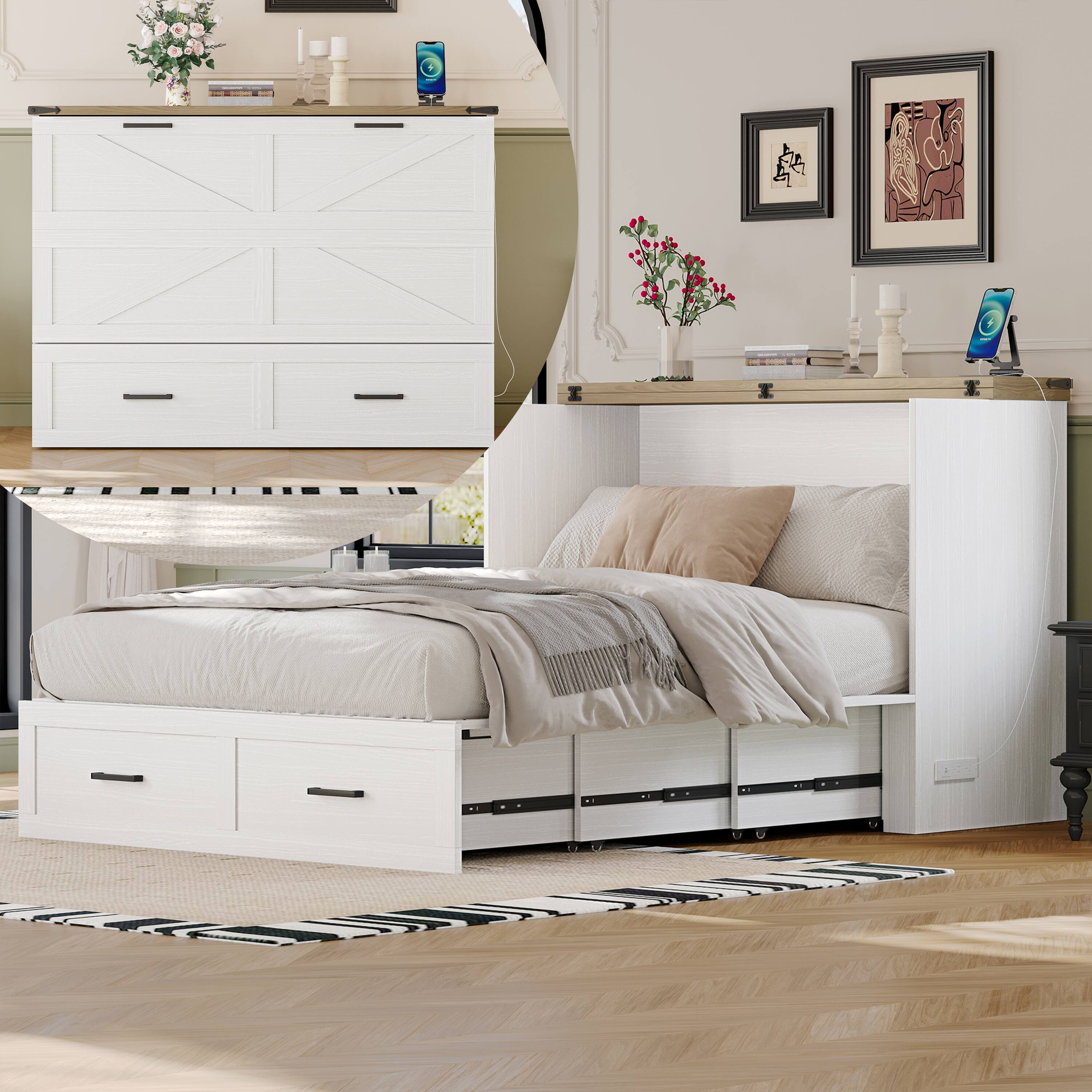 Front. Tiramisubest - Full Size Murphy Cabinet Bed with Charging Station, Foldable Platform Bed with Large Storage Drawer, White - White.