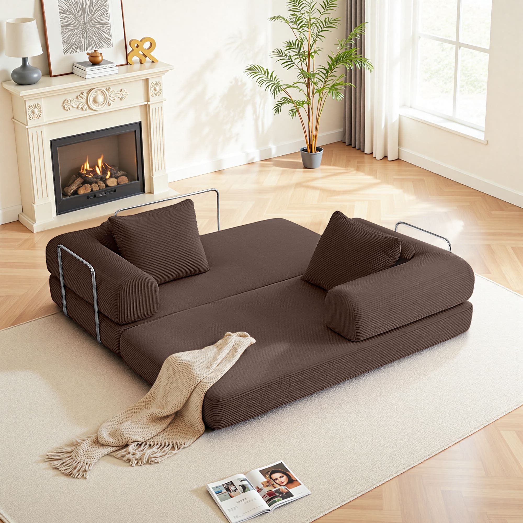 KERDOM 63'' W Convertible Floor Sofa Bed, Corduroy Modular Floor