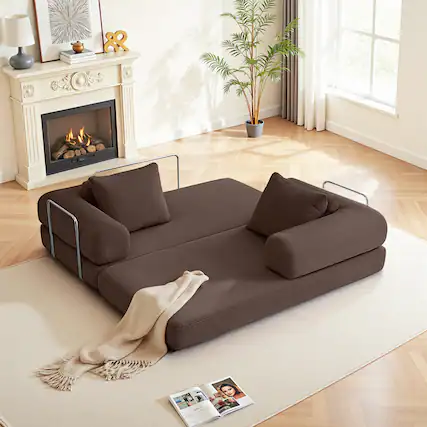Front. KERDOM - 63'' W Convertible Floor Sofa Bed, Corduroy Modular Floor Couch with Pillow Back, Folding Couch Sleeper for Living Room - Coffee Brown.