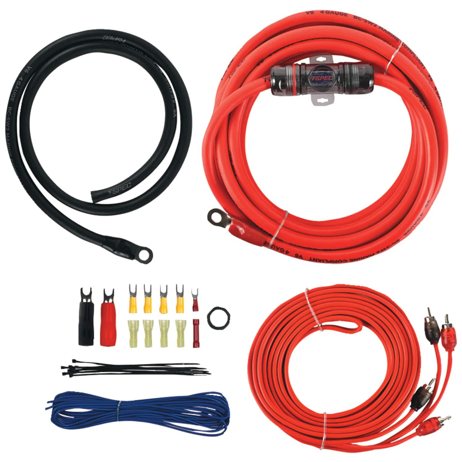 T-Spec - V6-rak4 V6 Series 1,000-watt 4-gauge Mini Anl Amp Installation Kit With Rca Cables - Red