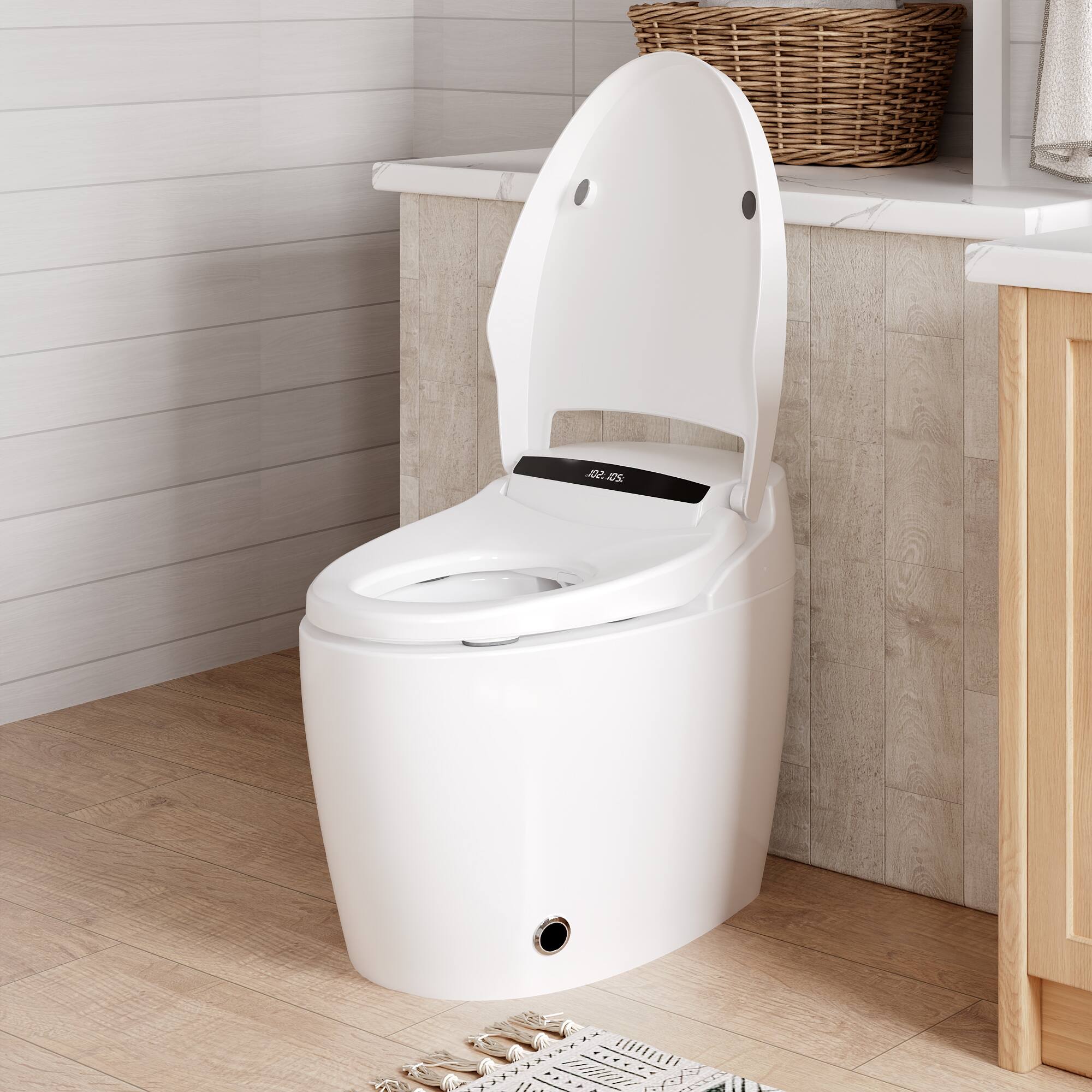 Angle. Famapy - Touchless Smart Toilet with Auto Open/Close & Flush UV-C Sterilized Nozzle, Heated Seat, Dryer - White.