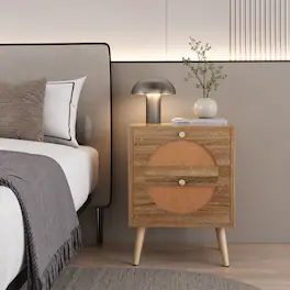 WELLFOR - Set of 2 Rattan Nightstands with 2 Drawers and Solid Wood Legs - Natual