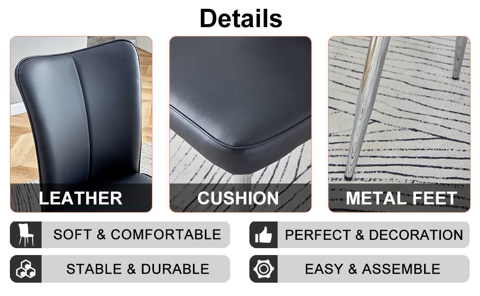 Details

- LEATHER
  - SOFT & COMFORTABLE
  - STABLE & DURABLE

- CUSHION
  - PERFECT & DECORATION

- METAL FEET
  - EASY & ASSEMBLE