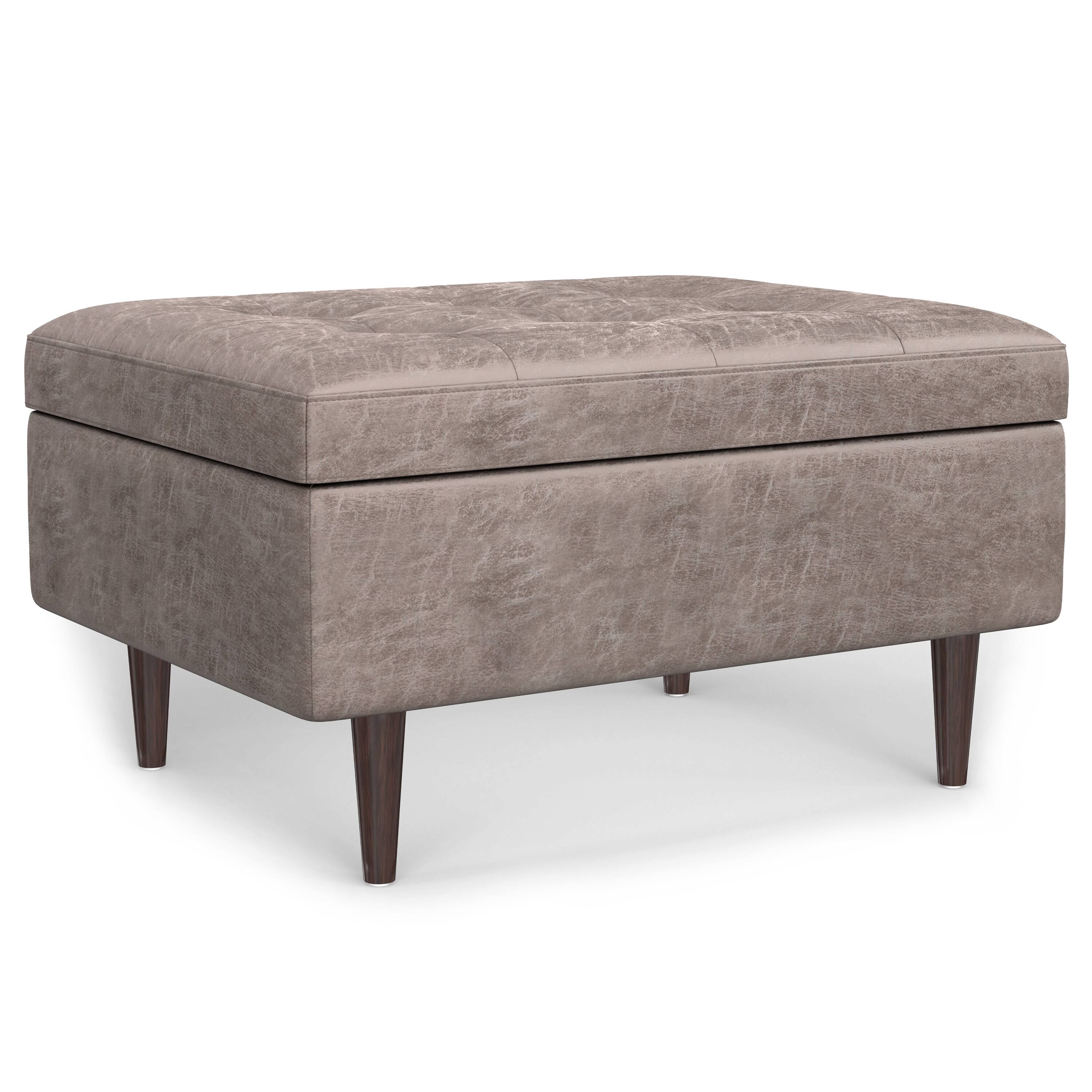 Front. Simpli Home - Shay 34 inch Mid Century Modern Rectangle Coffee Table Storage Ottoman in Distressed Grey Taupe Faux Leather, Assembled - Distressed Grey Taupe.