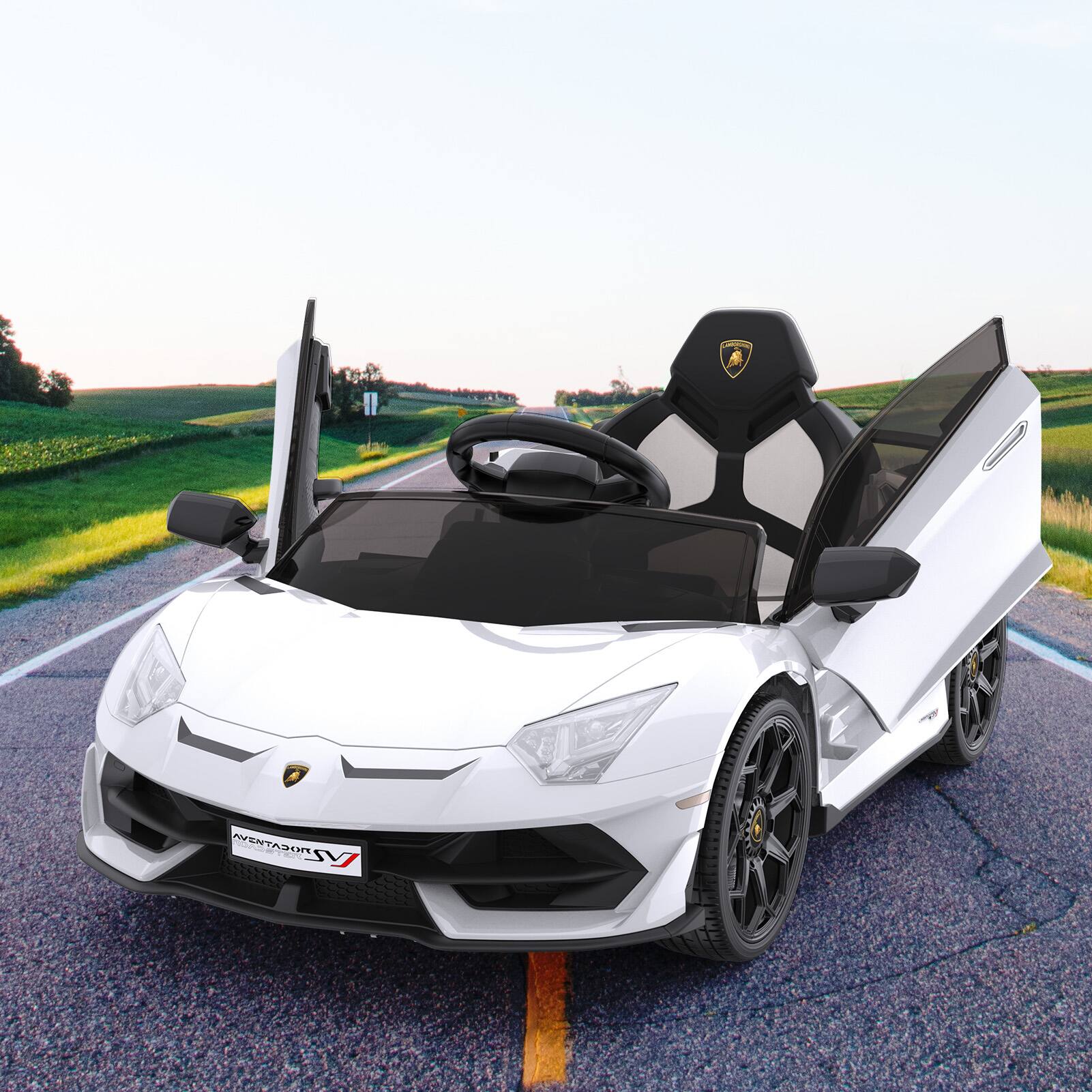 Left. GARVEE - 12V Licensed Lamborghini Sports Car Ride-On Car for Kids w/ Remote Control,LED Headlights,Hydraulic Doors,Seatbelt - White.