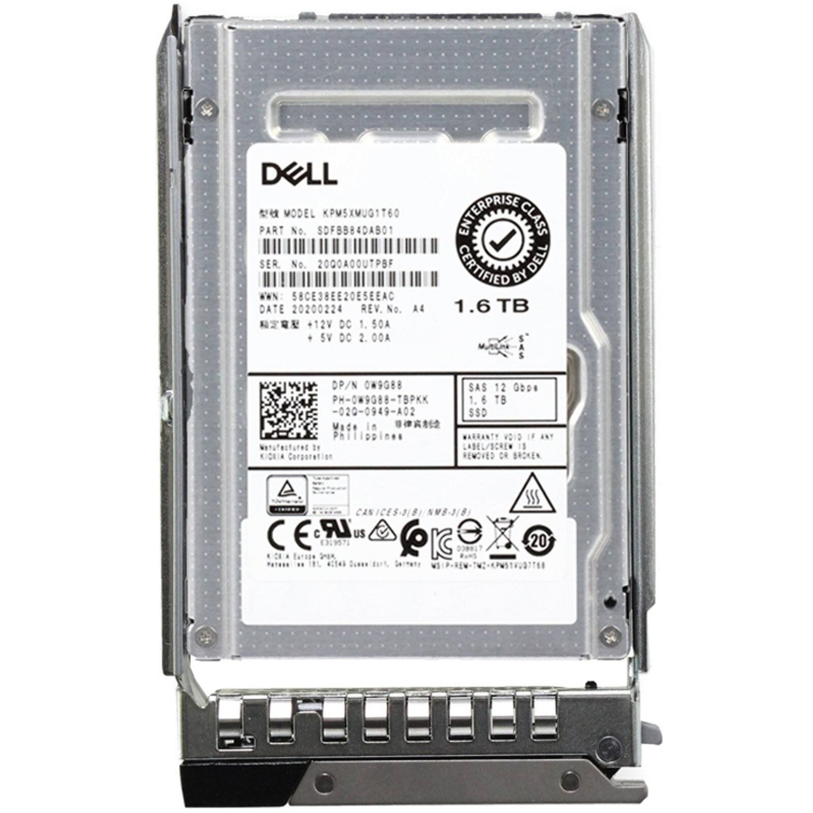 DELL  
PART MODEL No. SDFBB84DAB01  
KPM5XMUG1T60  
ENTERPRISE CLASS  
SER No. 2000A0OUTPB  
CERTIFIED BY DELL  
N S8CE38EE20E5EEAC  
DATE 20200224  
REV. No. A4  
1.6 TB  
+12V DC 1.50A  
+5V DC 2.00A  
SAS 12 Gb/s  
PH-OW9088-TBPKK  
1.6 TB  
-020-0949-A02  
$SD  
Wade is Philippines  
WARRANTY VOID  
11 ANT wetufestured "1 LABEL/BCHEW 1S KICEIA Corporation REMOVED DR BRKEN E C LR US 3I9ST ... Turase actes Duaee I SSS 20