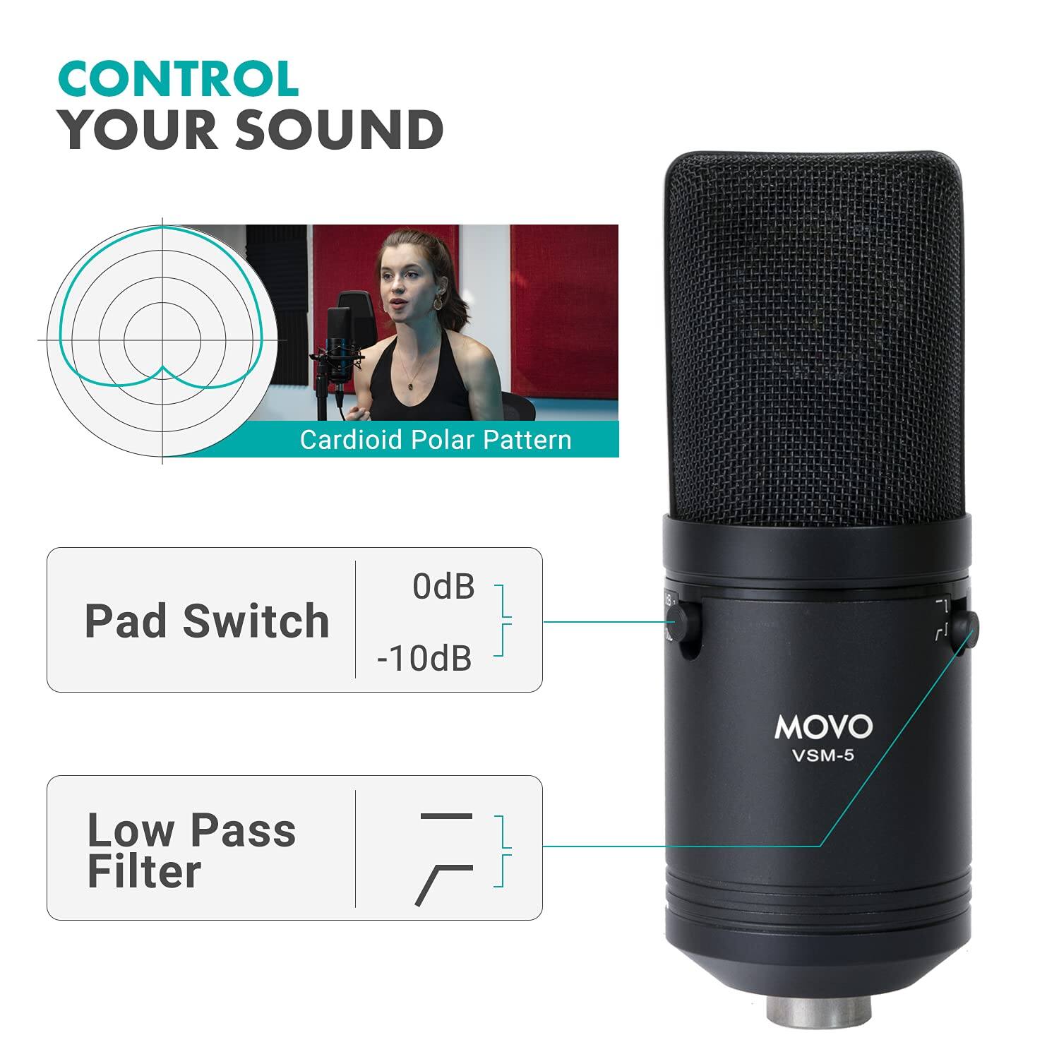 CONTROL YOUR SOUND

Cardioid Polar Pattern

Pad Switch
0dB
-10dB

Low Pass Filter

MOVO VSM-5