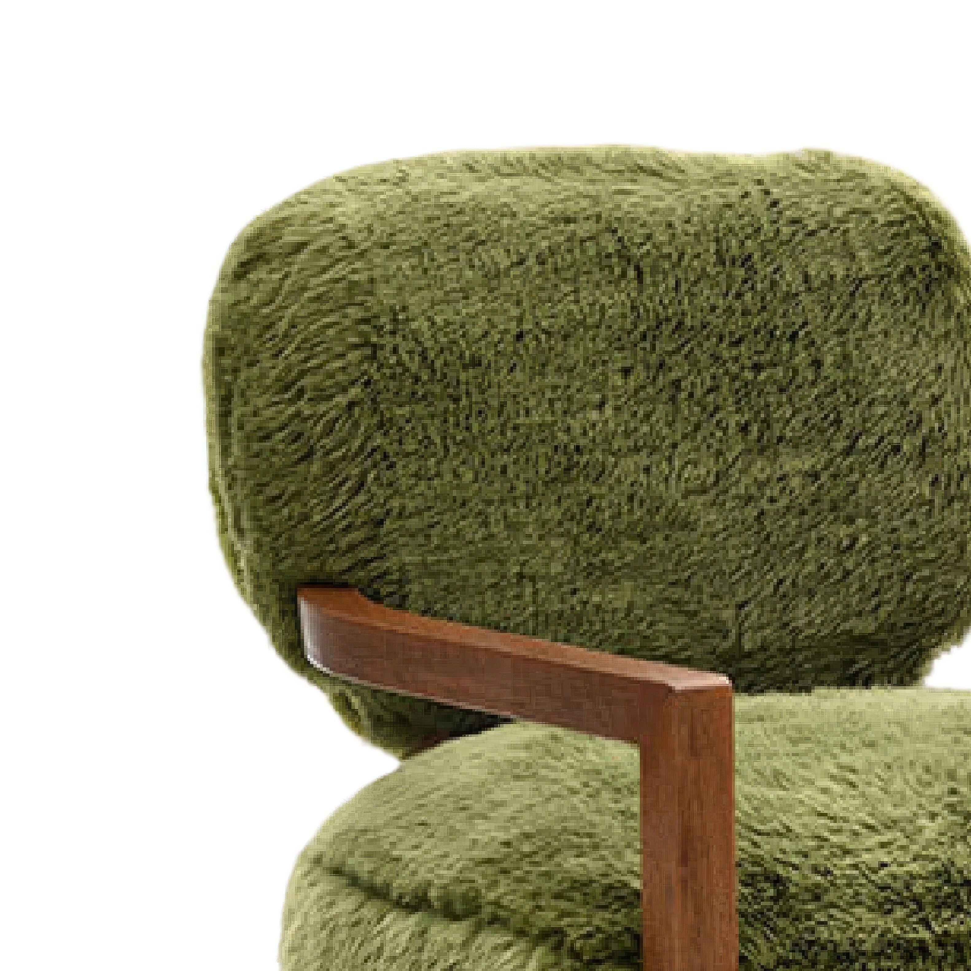 Back. Manhattan Lane - Emery Accent Chair with Wooden Arms Sculptural Design Faux Fur - Green, Walnut Brown.