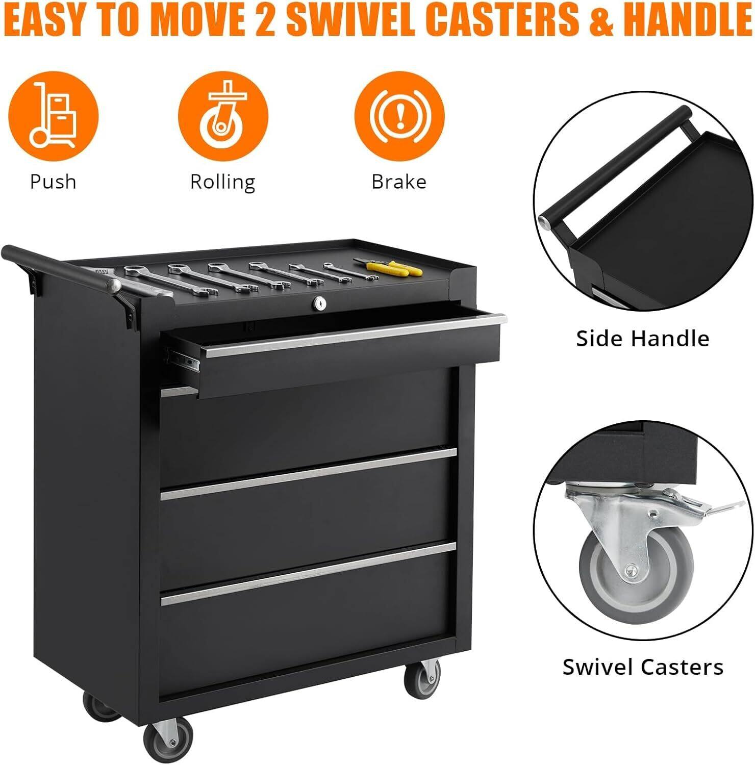 EASY TO MOVE 2 SWIVEL CASTERS & HANDLE

- Push
- Rolling
- Brake
- Side Handle
- Swivel Casters