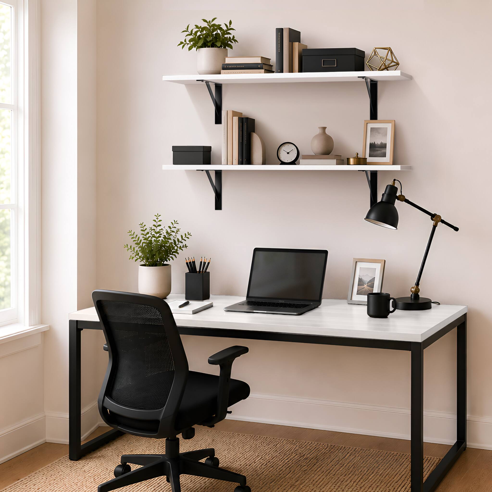 Alt View 3. Sorbus - Wall Shelves 31.5" with Black Metal Brackets, Set of 2, White - White.