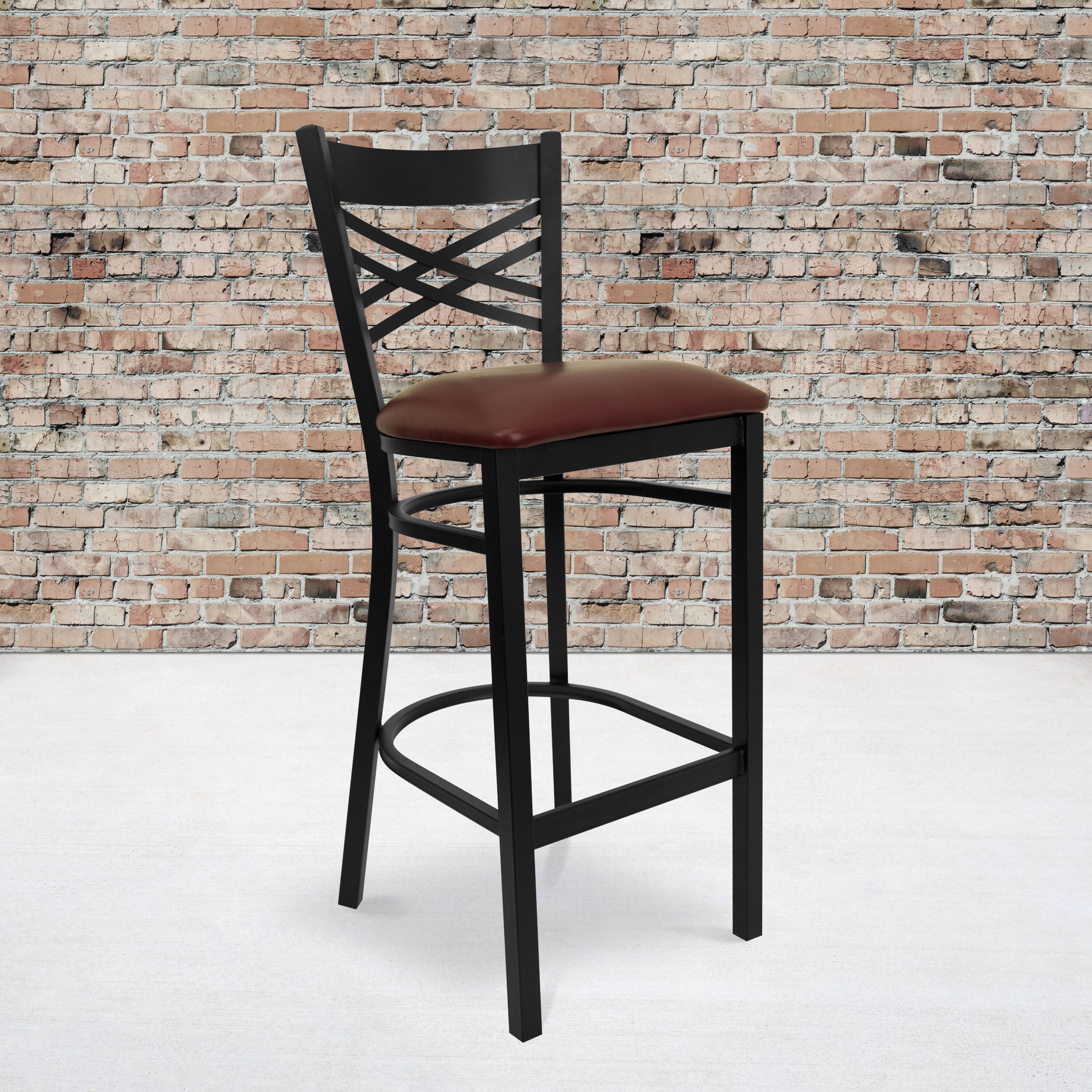 Alt View 1. Emma + Oliver - "X" Back Metal Restaurant Dining Barstool - Burgundy Vinyl Seat/Black Metal Frame.