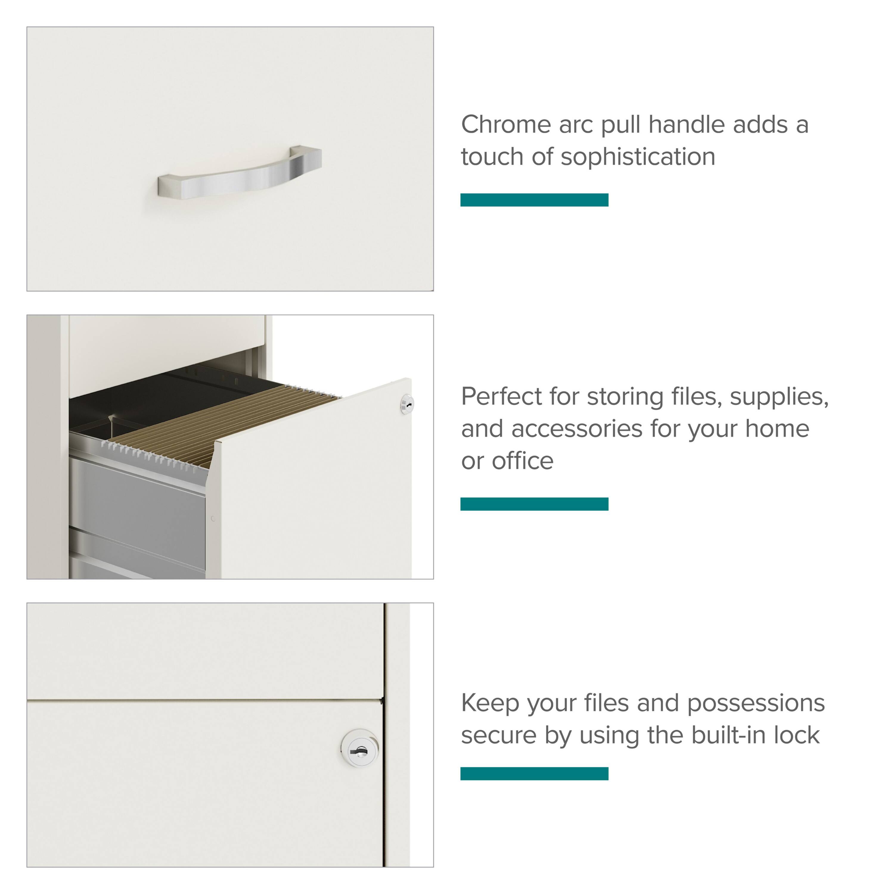 Chrome arc pull handle adds a touch of sophistication. Perfect for storing files, supplies, and accessories for your home or office. Keep your files and possessions secure by using the built-in lock.