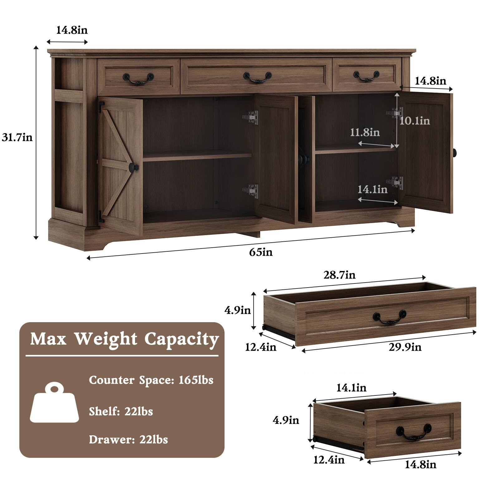 14.8in  
14.8in  
31.7in  
11.8in  
10.1in  
14.1in  
65in  
28.7in  
4.9in  
Max Weight Capacity  
Counter Space: 165lbs  
Shelf: 22lbs  
Drawer: 22lbs  
12.4in  
29.9in