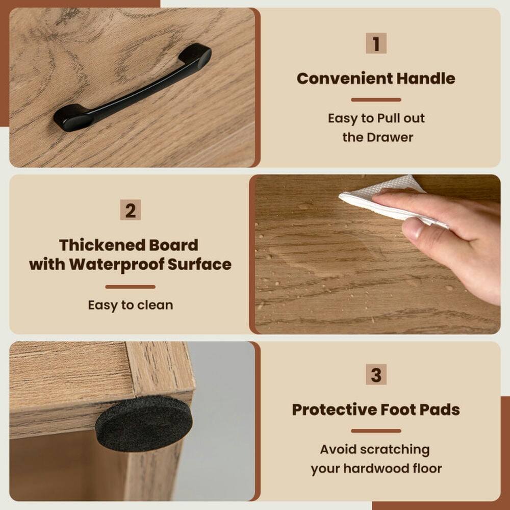 1. Convenient Handle: Easy to Pull out the Drawer  
2. Thickened Board with Waterproof Surface: Easy to clean  
3. Protective Foot Pads: Avoid scratching your hardwood floor