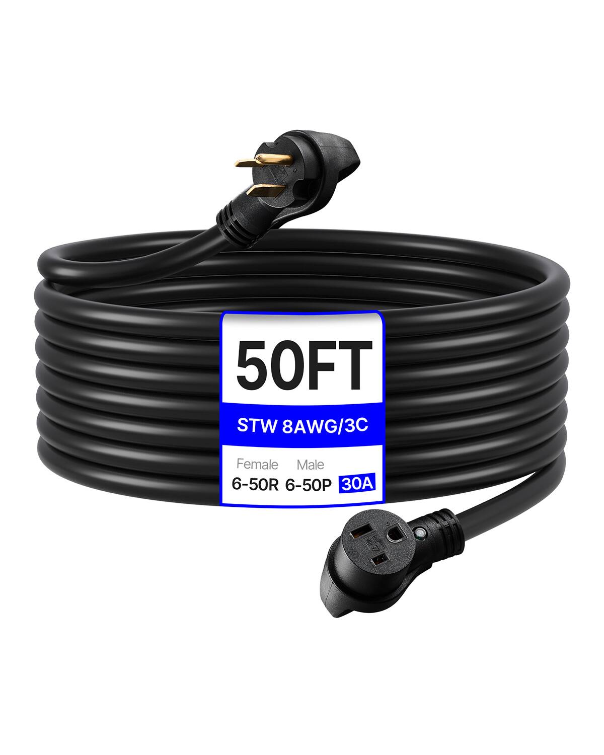 VEVOR - 30-Amp Generator Extension Cord, 50 Foot, 250 Volts 7500 Watts Heavy Duty Power Cable, NEMA 6-50P to 6-50R SWT 8AWG - Black