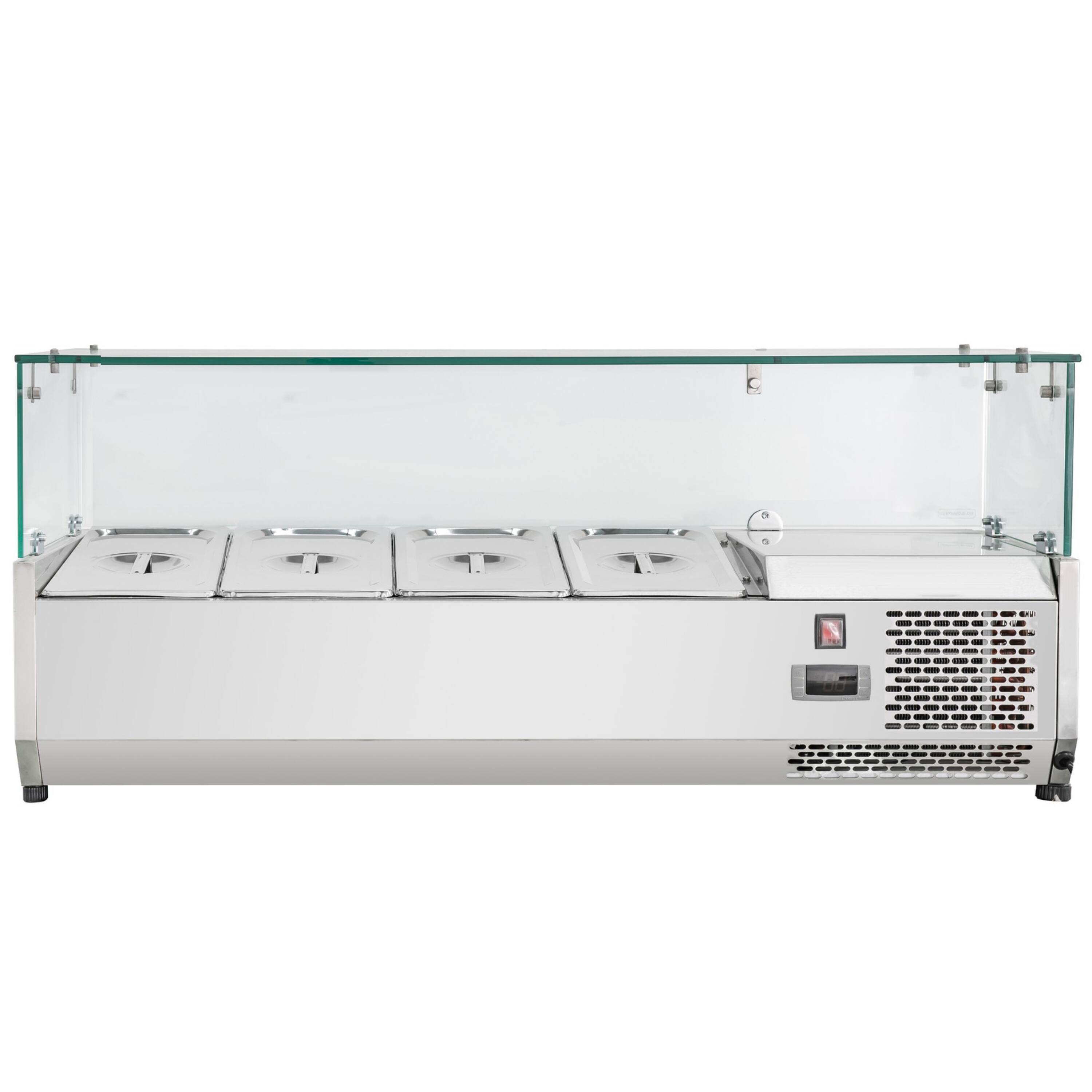 Front. Equator - Equator Vitlife Commercial Refrigerator Condiment Prep Station, Glass Lid, 4 Pan(1/3*3+1/2*1) 33–41°F, 47.2" - Stainless Steel.