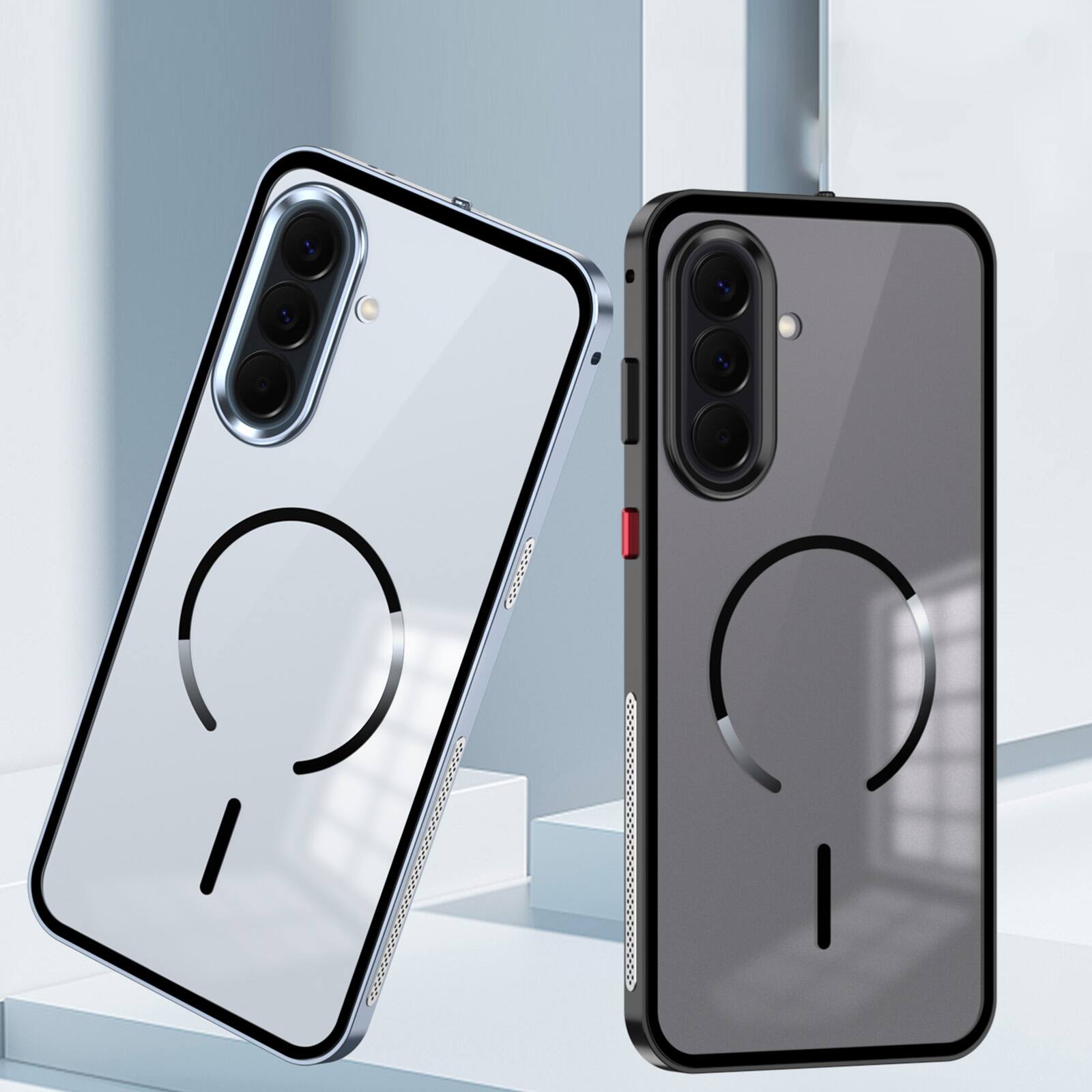Back. Dteck - Magnetic Aluminum Bumper Case for Samsung Galaxy A37 5G, Slim Shockproof Translucent Matte Phone Cover with Buckle Lock - Silver.