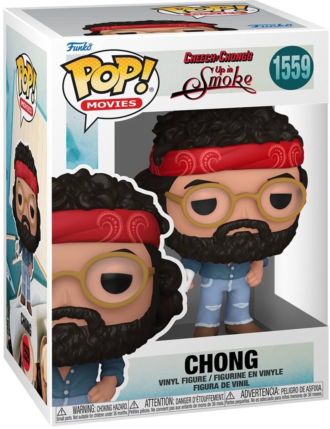 Sure, here is the corrected and grouped text from the image:

---

**Funko POP! MOVIES**

**CHEECH & CHONG'S Up in Smoke**

**1559**

**CHONG**

**VINYL FIGURE / FIGURINE EN VINYLE / FIGURA DE VINIL**

**WARNING: CHOKING HAZARD. Small parts. Not suitable for children under 36 months.**

**ATTENTION: DANGER D'ÉTOUFFEMENT. Petites pièces. Ne convient pas aux enfants de moins de 36 mois.**

**ADVERTENCIA: PELIGRO DE ASFIXIA. No es adecuado para niños menores de 36 meses.**

---

This text is organized to reflect the information on the packaging, including the brand, series, character, warning labels, and multilingual safety notices.