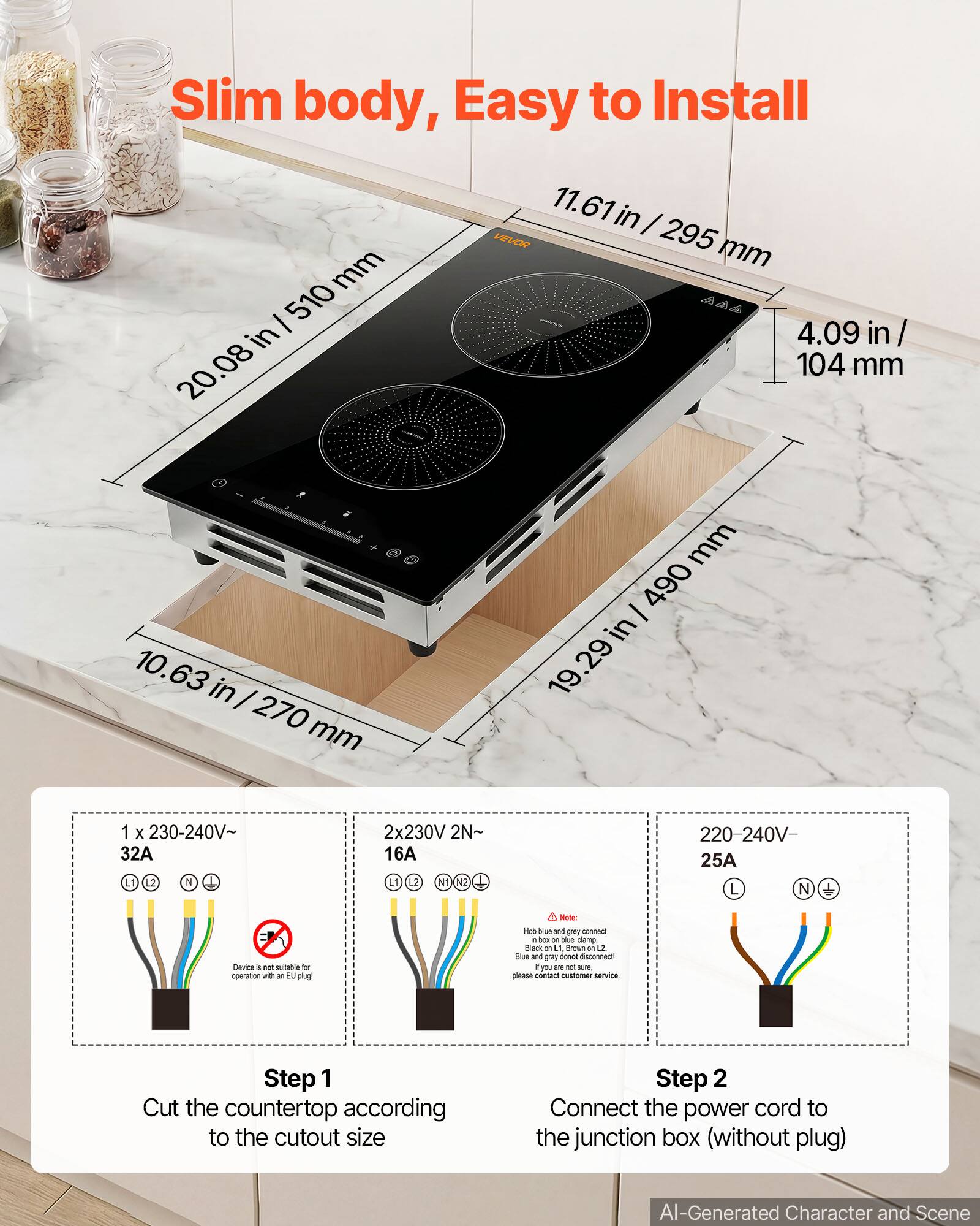 Slim body, Easy to Install

20.08 in / 510 mm
11.61 in / 295 mm
4.09 in / 104 mm
10.63 in / 270 mm
19.29 in / 490 mm

1 x 230-240V~ 32A L1 L2 N
2x230V 2N~ 16A L1 N1 N2
220-240V- 25A L N

Device is not suitable for operation with an EU plug!

Note: 
- Blue and grey connect in box on blue clamp.
- Black on L1, Brown on L2.
- Blue and grey don't disconnect you in not sure. please contact customer service.

Step 1: Cut the countertop according to the cutout size
Step 2: Connect the power cord to the junction box (without plug)