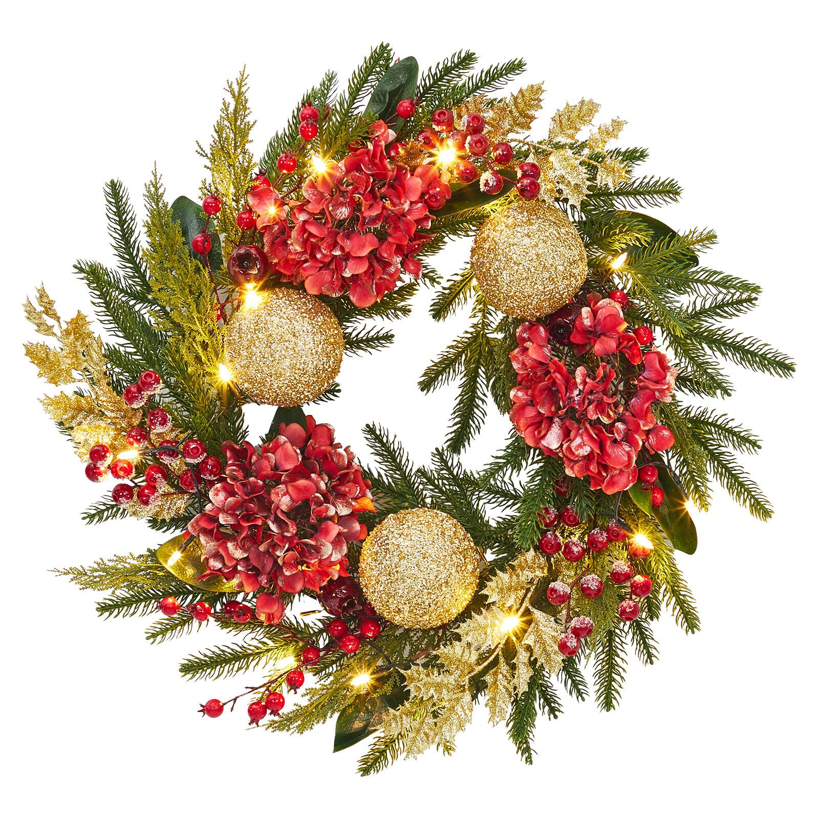 Acekool - 24 Inch Christmas Wreath Pre-Lit Xmas Wreath with Gold Ball Ornaments Berries for Front Door Windows Wall - Red
