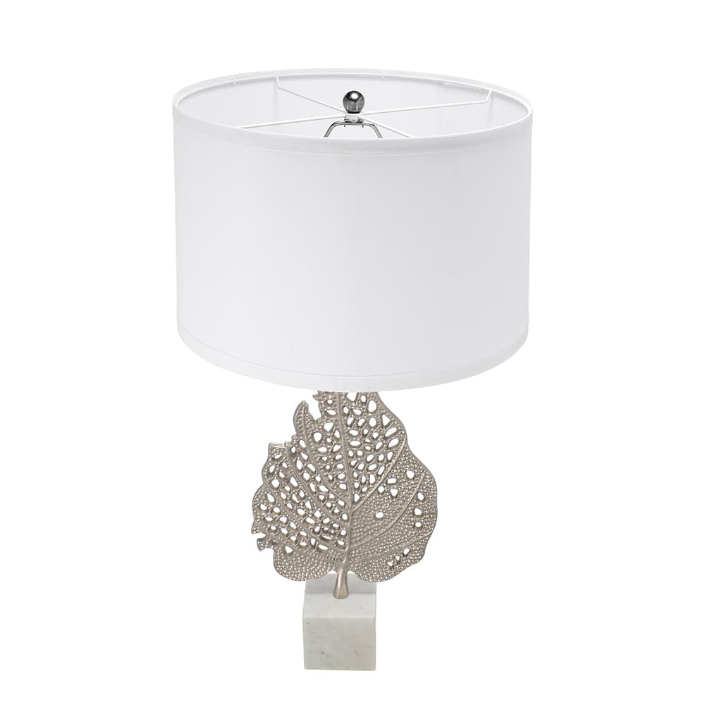 Angle. Luckbyte - 15x29.3 Inch White Silver Leaf Table Lamp With Drum Shade Marble Base Assembly Required.