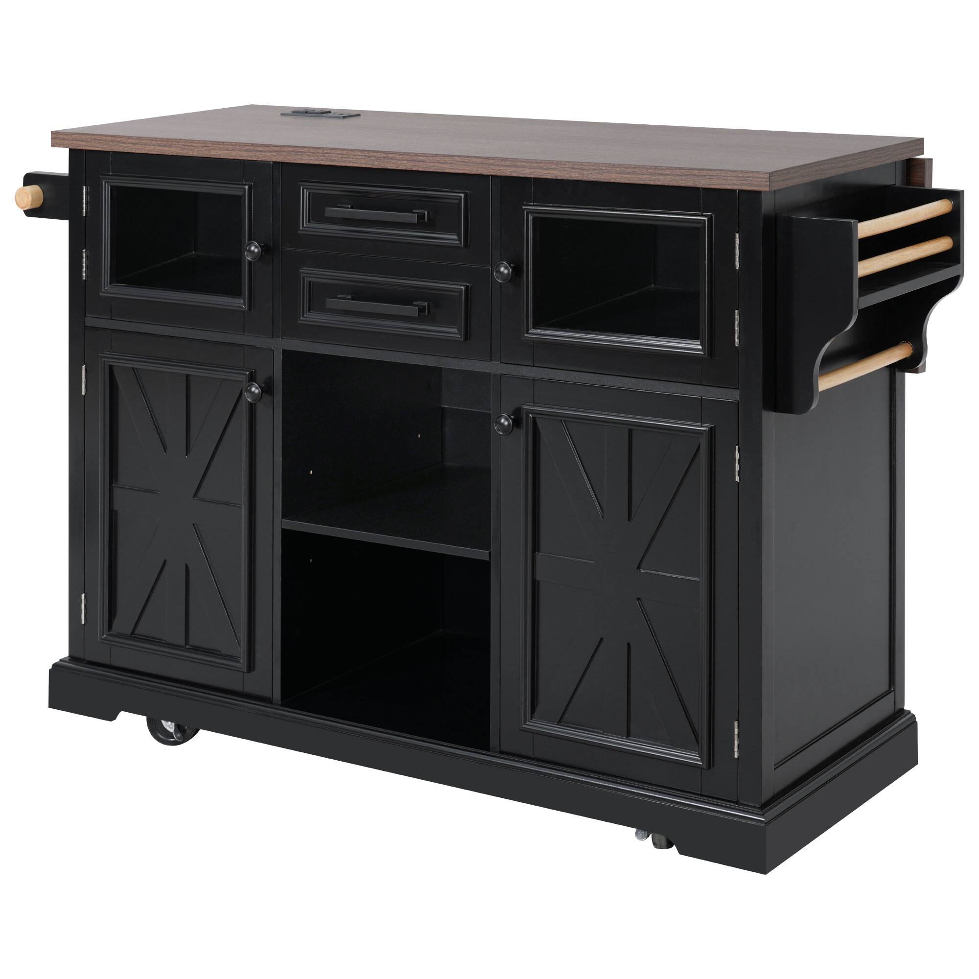 Left. Whisen - 54.9" Kitchen Island with Drop Leaf & Power Outlet, Rolling Storage Cart with 4 Doors & 2 Drawers - Black.