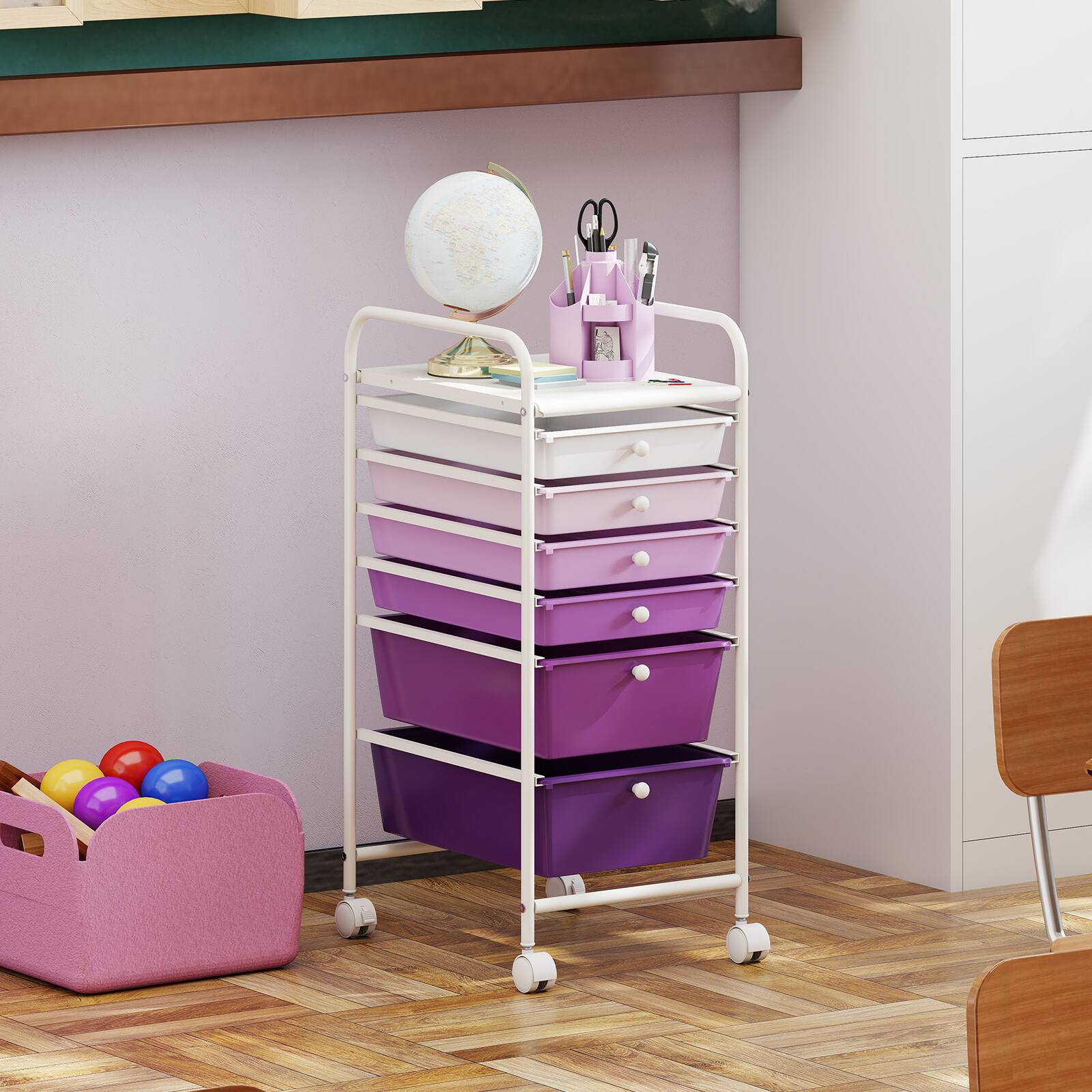Alt View 3. Costway - Costway 6-Drawer Rolling Art & Craft Storage Cart with Removable Drawers & Metal Frame, Lockable Wheels - Gradient Purple.