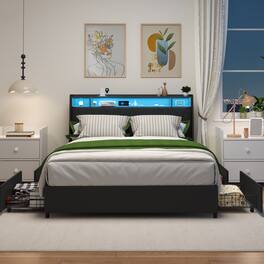 LUCKY ONE - Full Size Bed Frame with Ergonomic Headboard,Storage Shelf,LED Light,Outlets & Charger - Black
