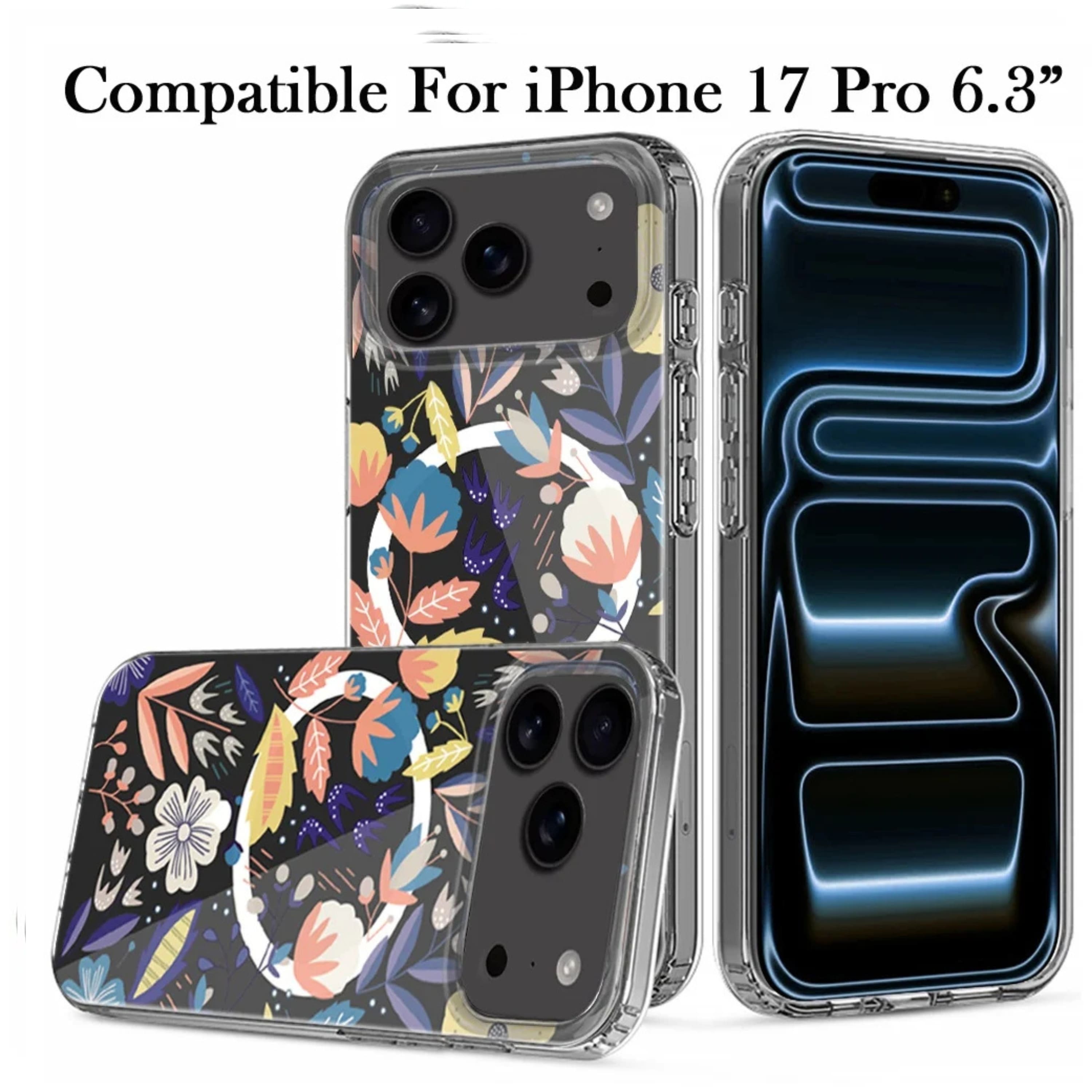 Kitcheniva - Magnetic Circle Unique Design Rugged Hybrid Phone Case With Tempered Glass For iPhone 17 Pro Wild Flower - Black