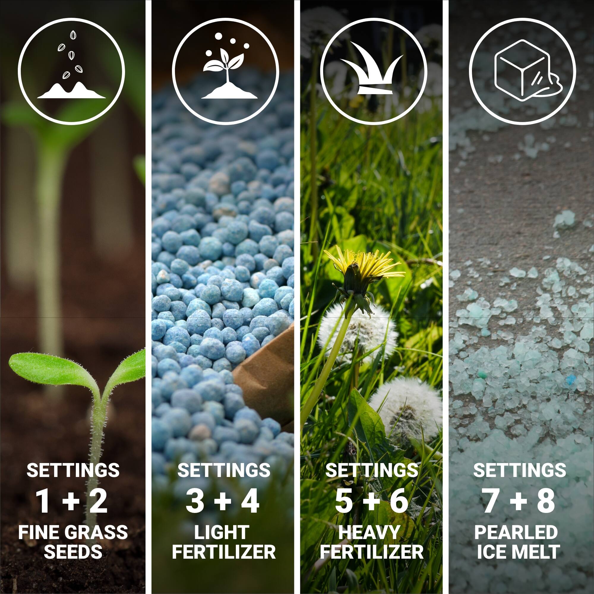 Settings: 1+2, 3+4, 5+6, 7+8

Fine Grass: Light
Heavy: Pearled Seeds
Fertilizer: Fertilizer
Ice Melt: Fertilizer