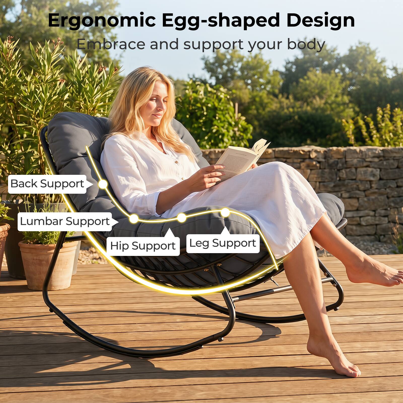 Ergonomic Egg-shaped Design  
Embrace and support your body  

- Back Support  
- Lumbar Support  
- Hip Support  
- Leg Support