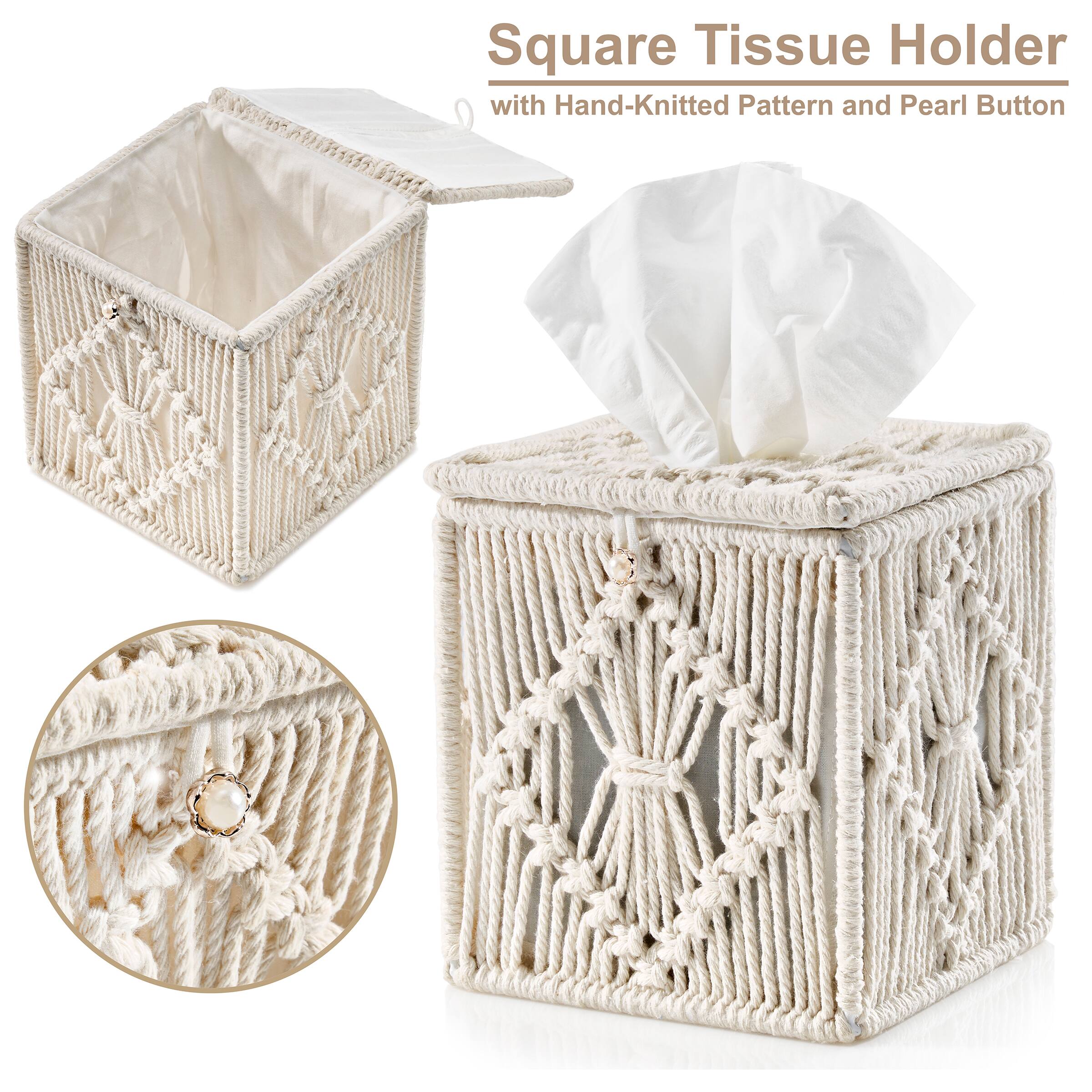 Square Tissue Holder  
with Hand-Knitted Pattern and Pearl Button