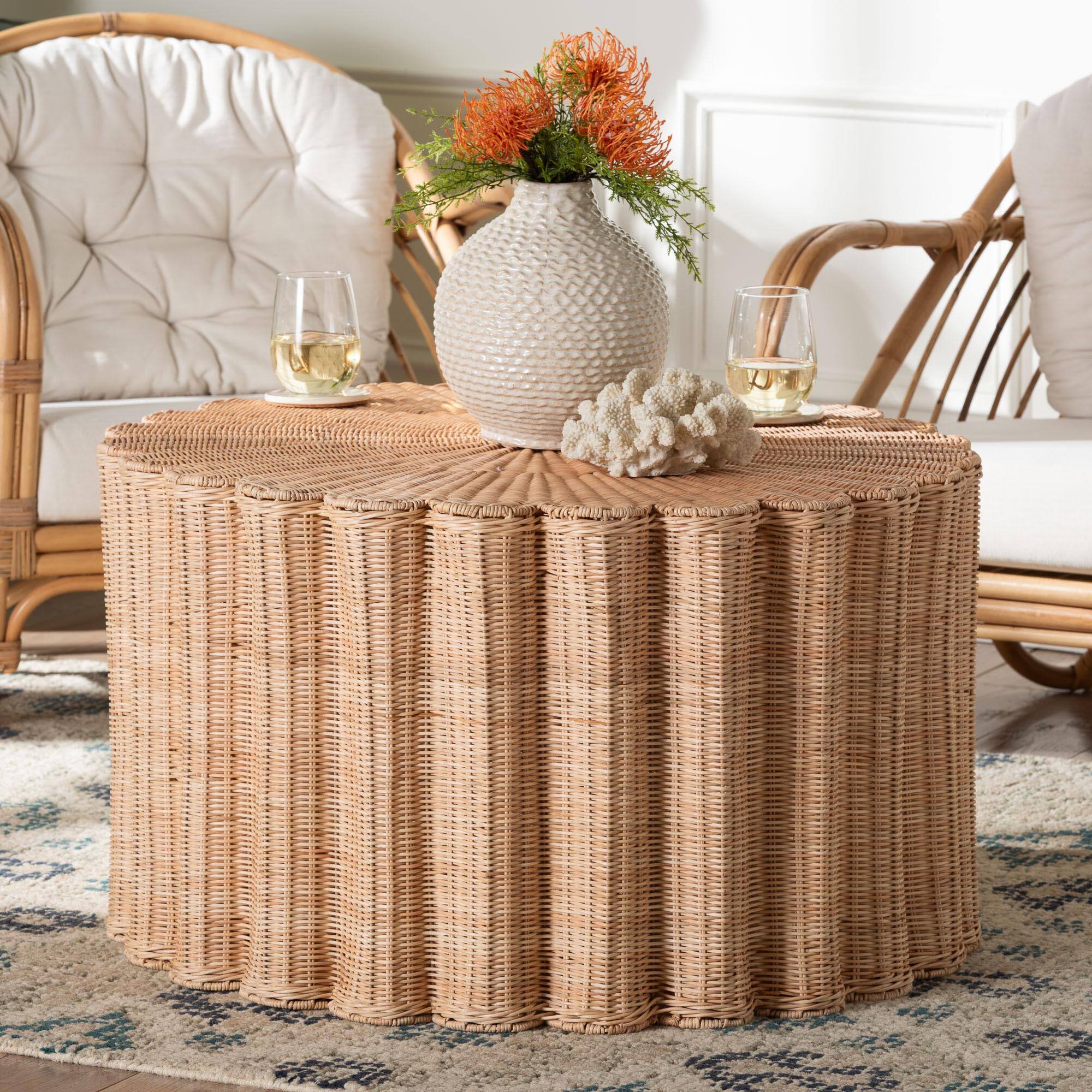 Alt View 1. bali & pari - Kensley Natural Rattan Coffee Table – Handwoven Wicker Round Accent Table with Scalloped Silhouette - Natural Brown.
