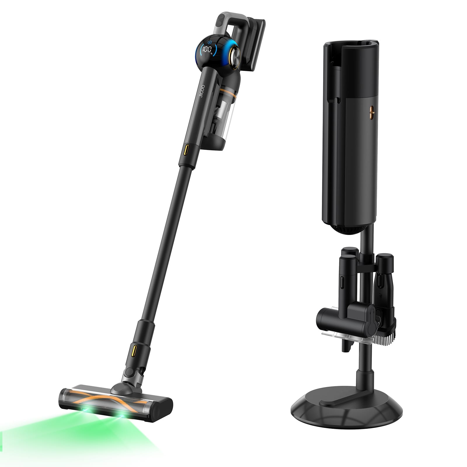 Angle. JIGOO - V700 Cordless Vacuum Cleaner, 480W All-In-One Stick Vacuum with Dual LED, 33KPa Suction, 55min Runtime, 2.5L Dust Bag - Black.