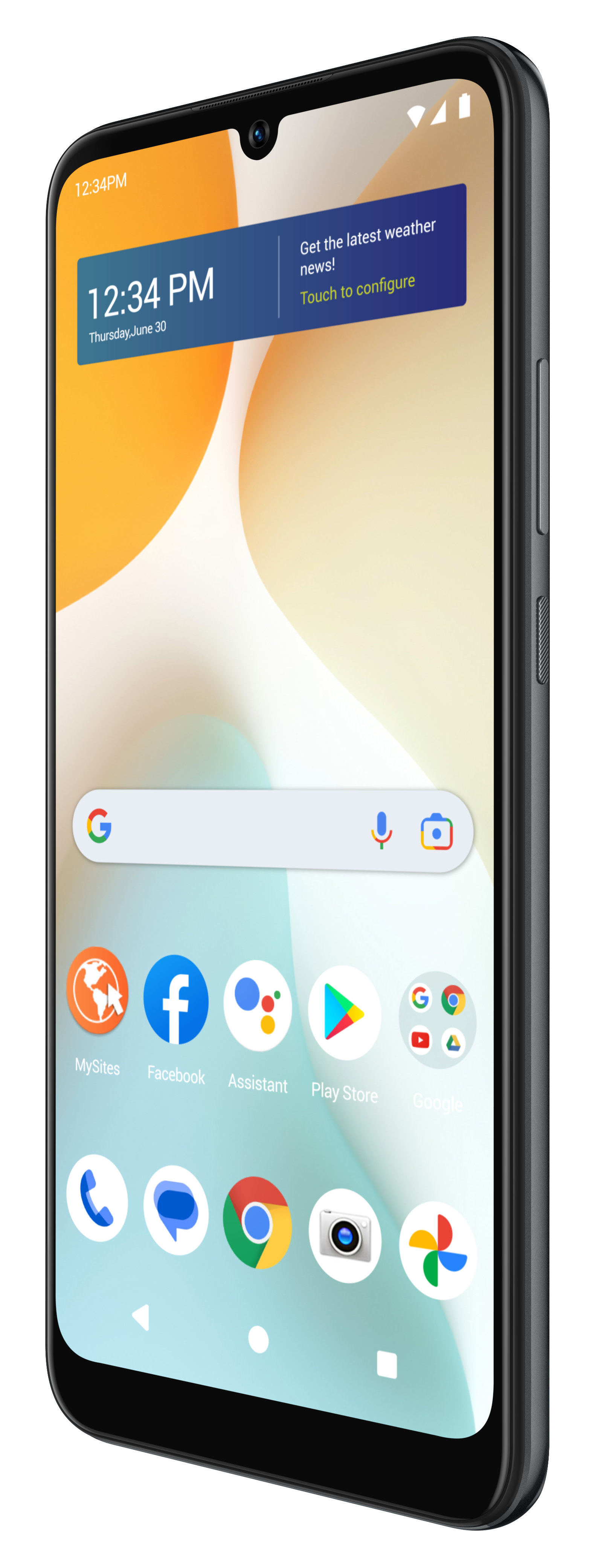 12:34 PM, 12:34 PM, Thursday, June 30, Get the latest weather news! Touch to configure, MySites, Facebook, Assistant, Play Store, Google