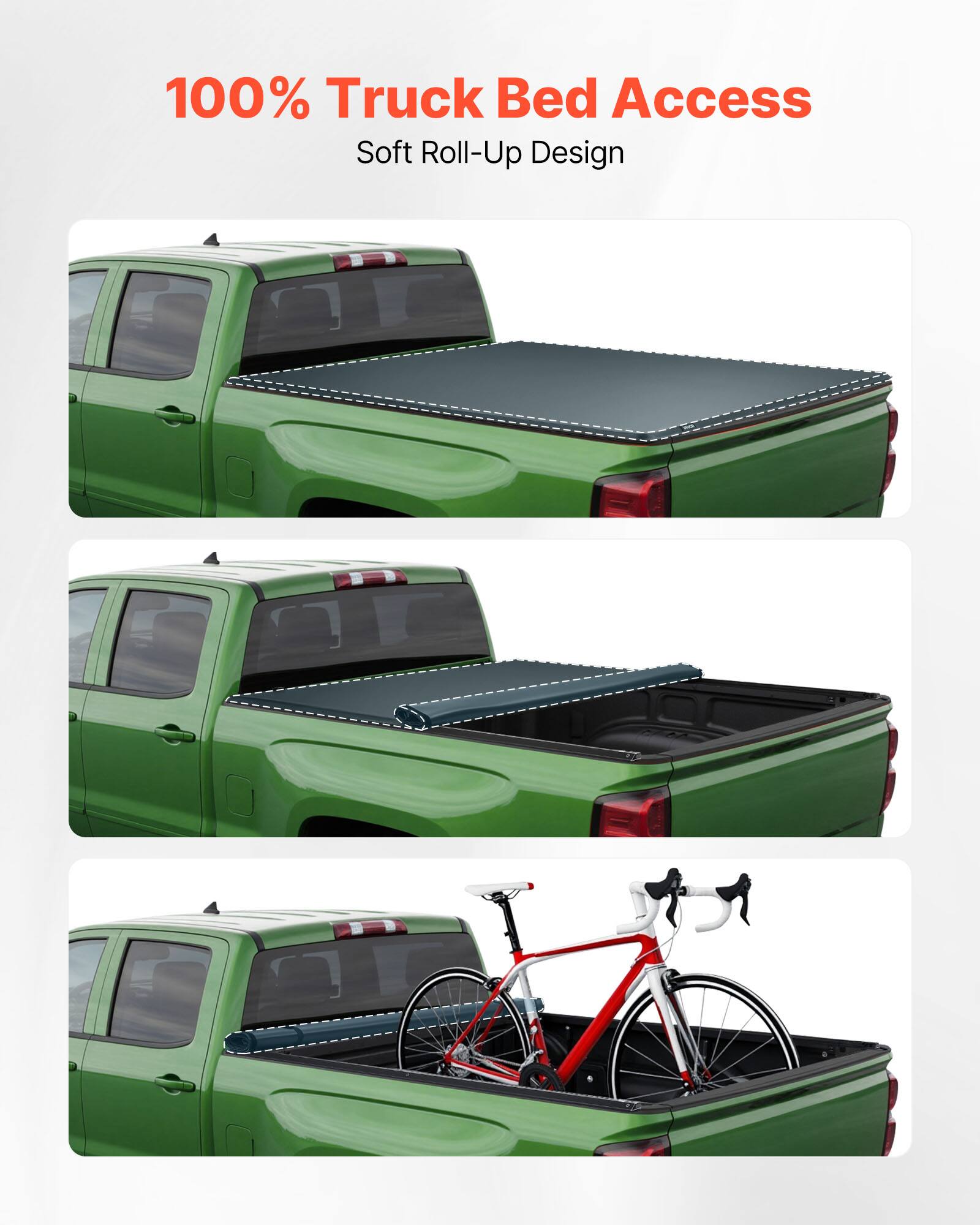 100% Truck Bed Access  
Soft Roll-Up Design